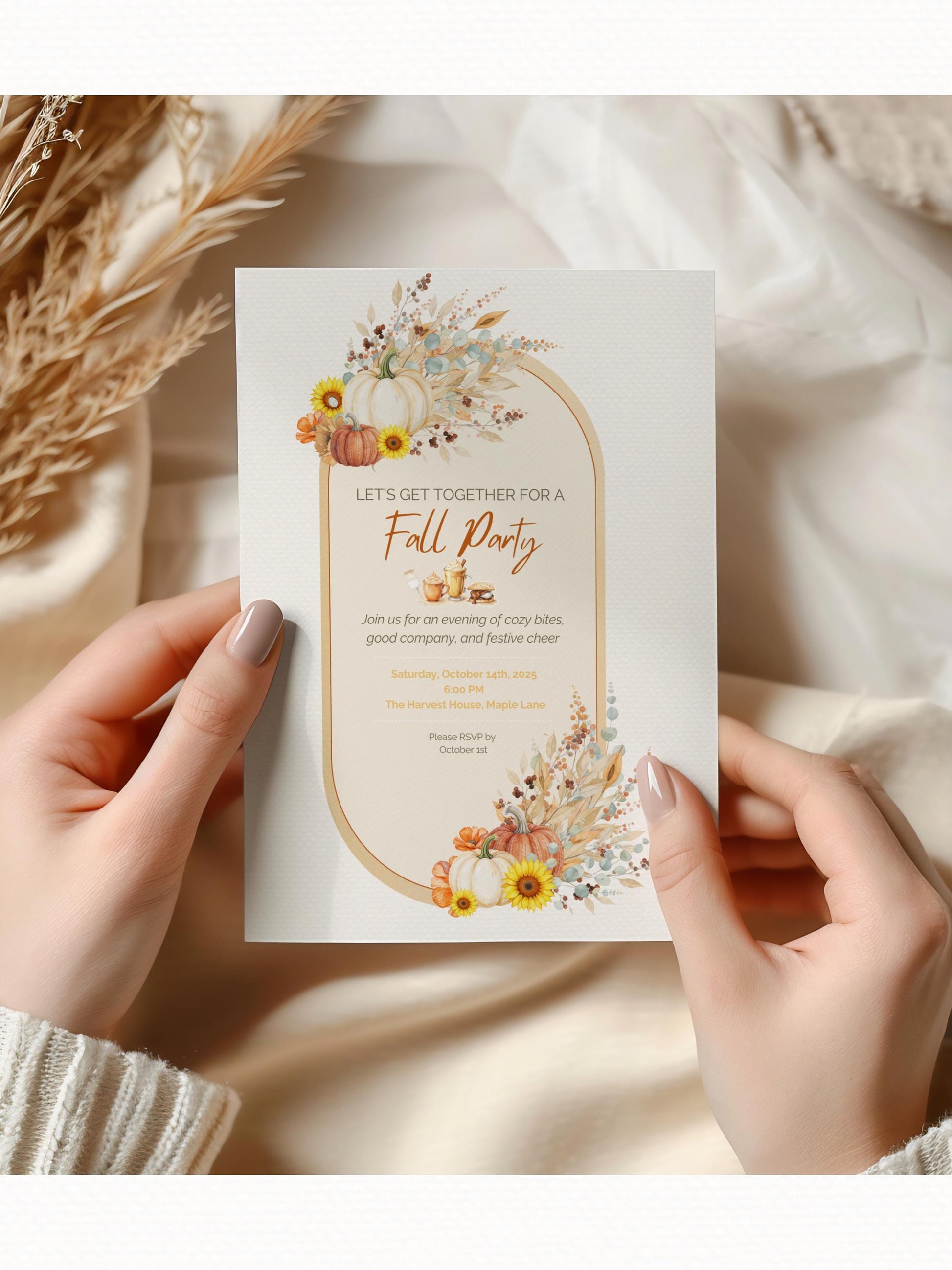 Printable Fall Party Invitation - Autumn Dinner Party Invite with Pumpkins & Florals (Digital Editable Canva Template)