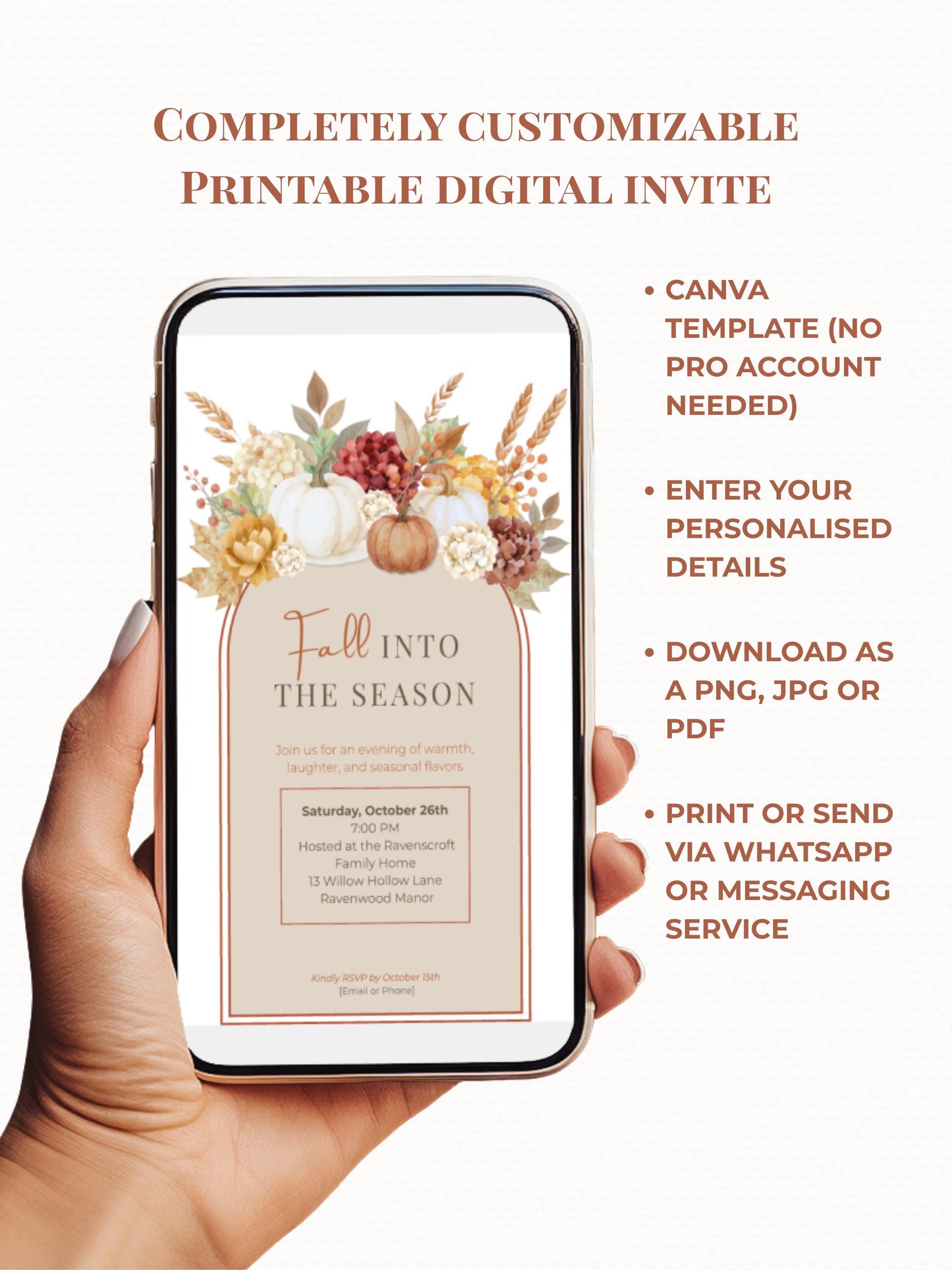 Fall Invitation Template Design Digital Pumpkin Stationery For Thanksgiving Event Document Editing Service For Party Announcement Autumn