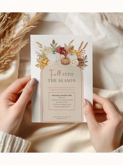 Fall Invitation Template Digital Design Watercolor Pumpkin Collection Autumn Celebration Package Floral Wheat Illustration Premium Quality Template Customizable Party Announcement Professional Layout Modern Typography Seasonal Gathering