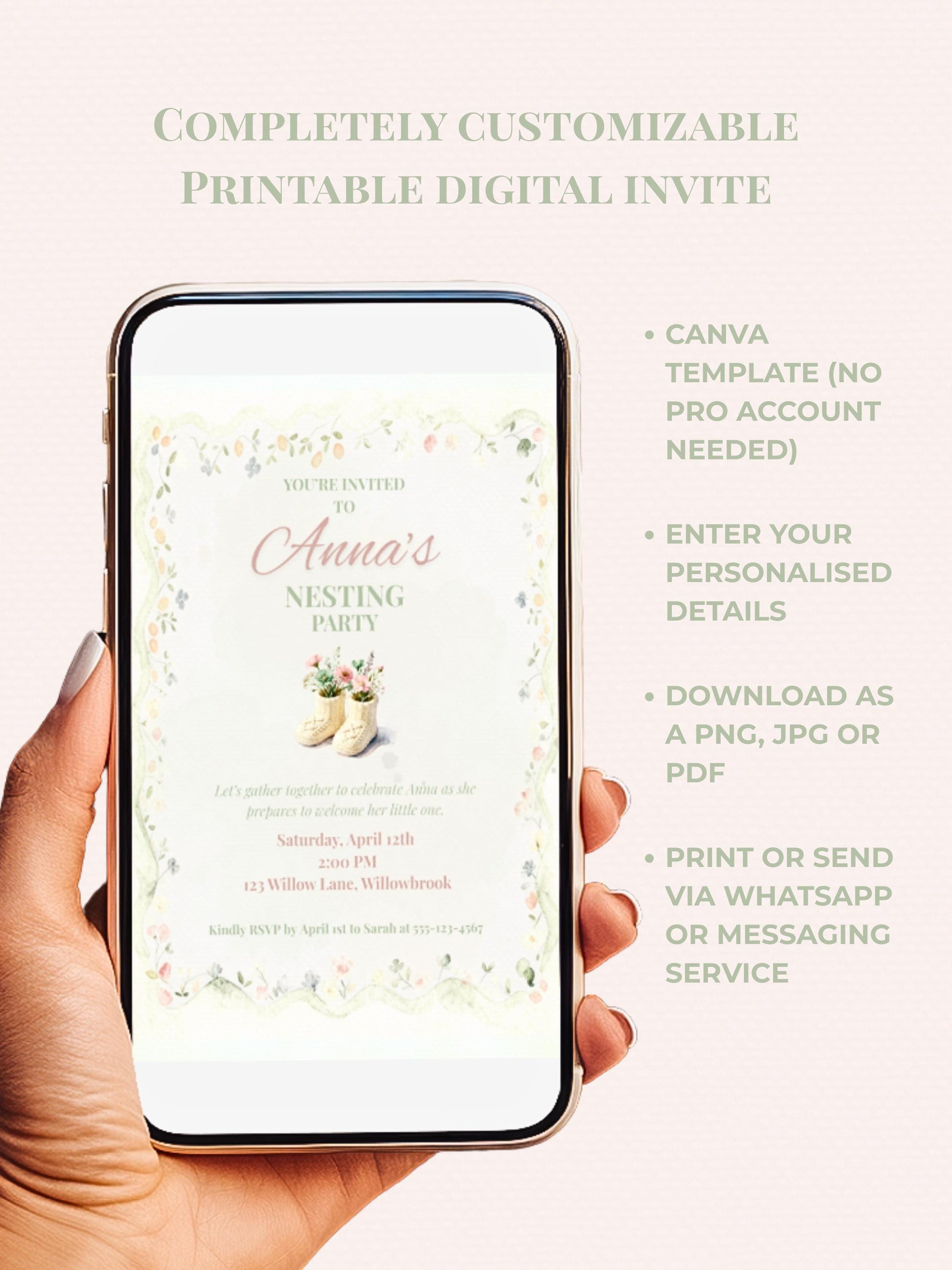 Nesting Party Invitation-Baby Shower Invite (Instant Download Editable Canva Template) Custom Printable Digital Newborn Arrival Evite