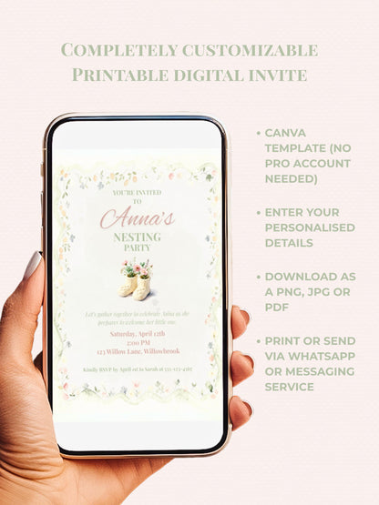 Nesting Party Invitation-Baby Shower Invite (Instant Download Editable Canva Template) Custom Printable Digital Newborn Arrival Evite