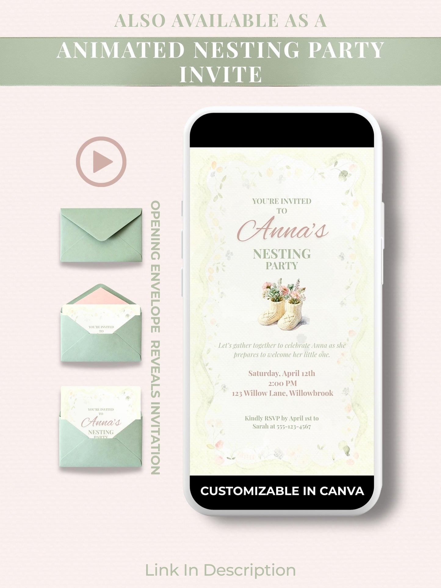 Nesting Party Invitation-Baby Shower Invite (Instant Download Editable Canva Template) Custom Printable Digital Newborn Arrival Evite