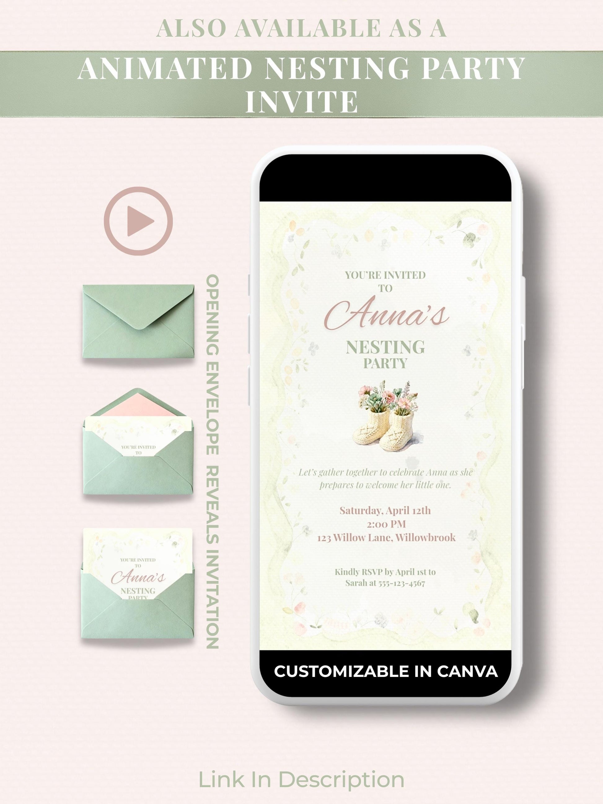 Nesting Party Invitation-Baby Shower Invite (Instant Download Editable Canva Template) Custom Printable Digital Newborn Arrival Evite