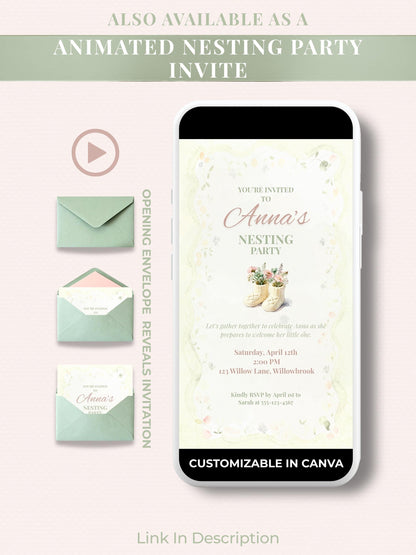 Nesting Party Invitation-Baby Shower Invite (Instant Download Editable Canva Template) Custom Printable Digital Newborn Arrival Evite
