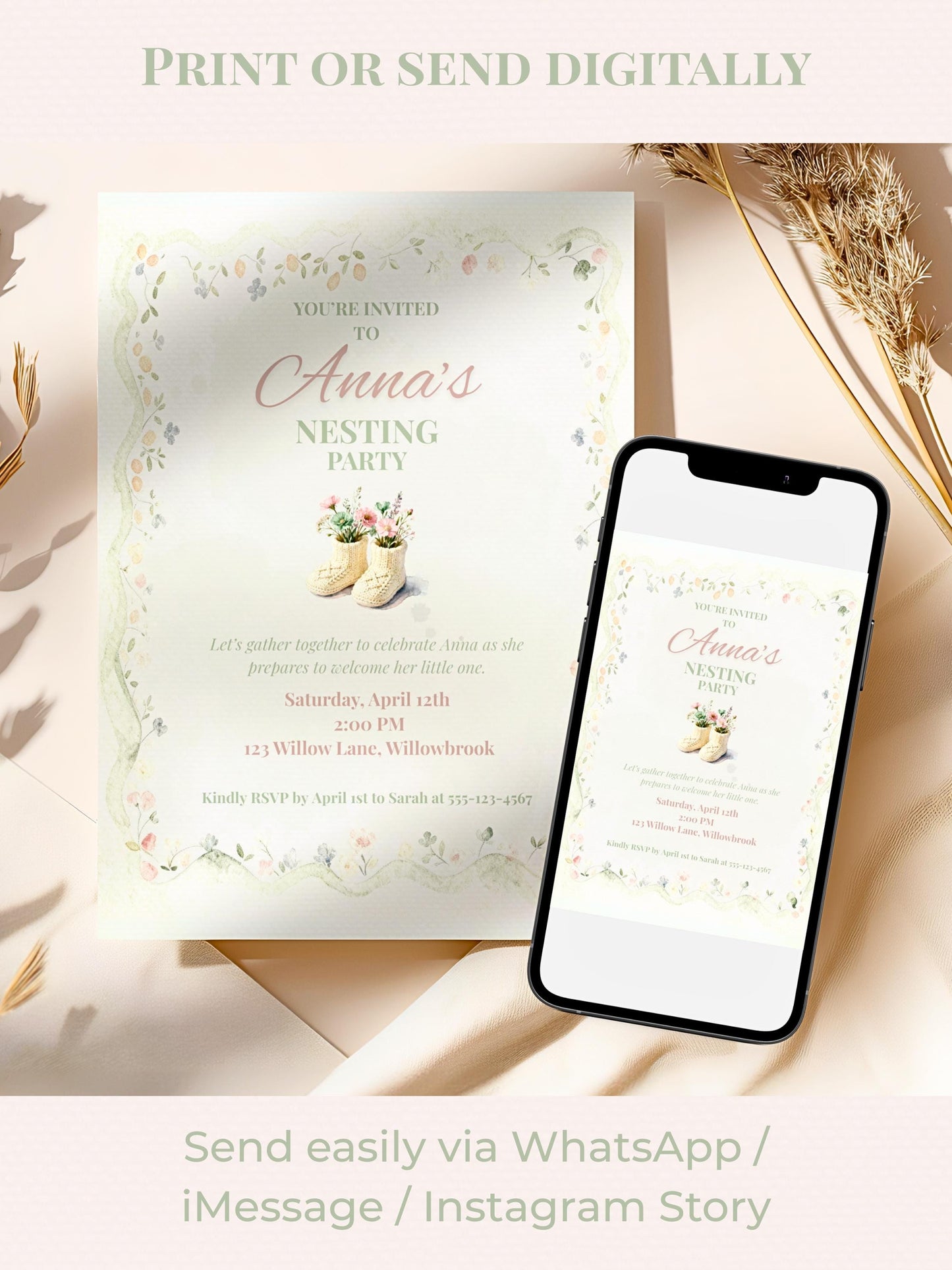 Nesting Party Invitation-Baby Shower Invite (Instant Download Editable Canva Template) Custom Printable Digital Newborn Arrival Evite