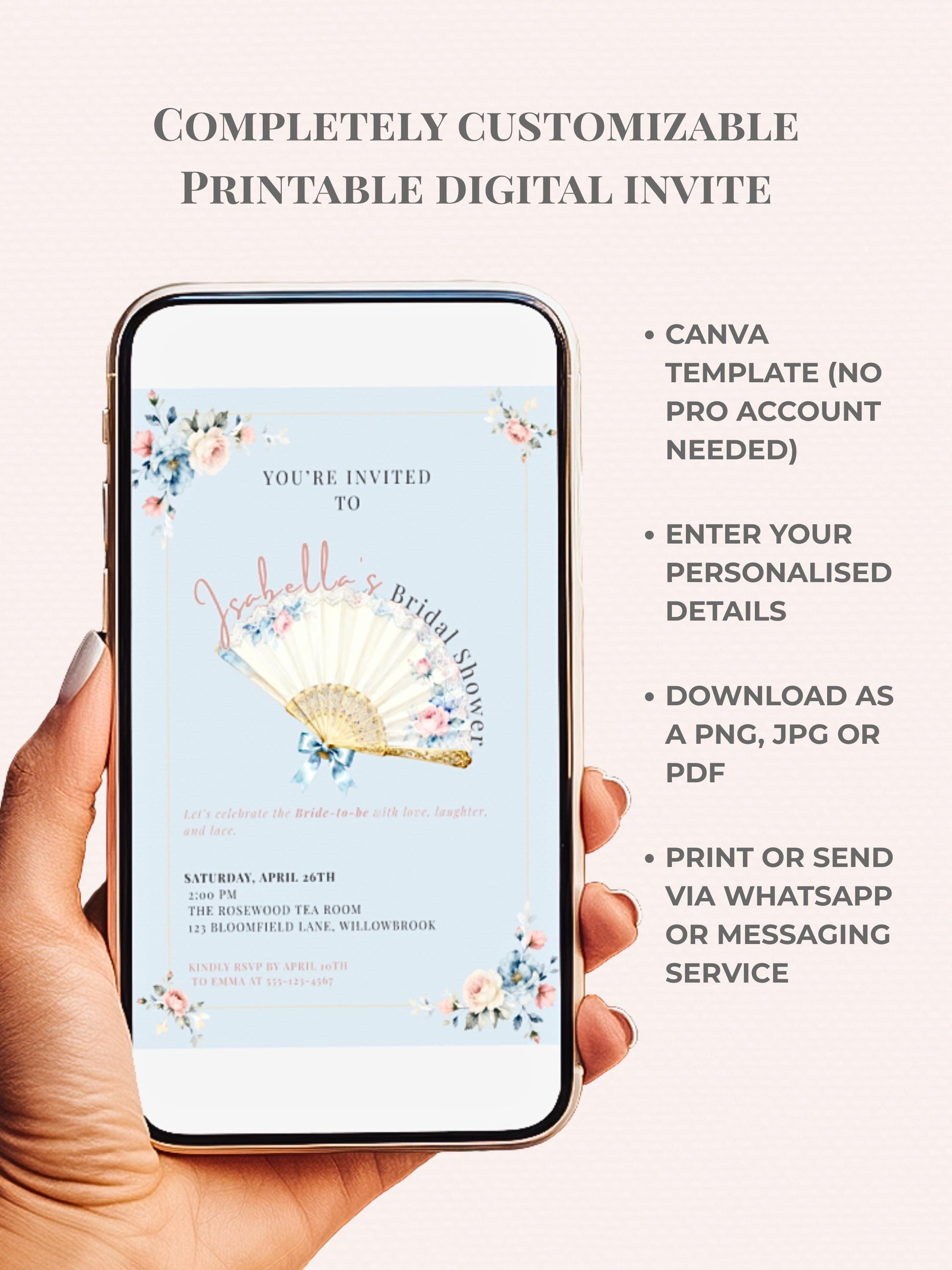 Rococo Bridal Shower Invitation-Wedding Luncheon, Bachelorette Hen Party Evite (Instant Download Editable Canva Template) Floral Invite