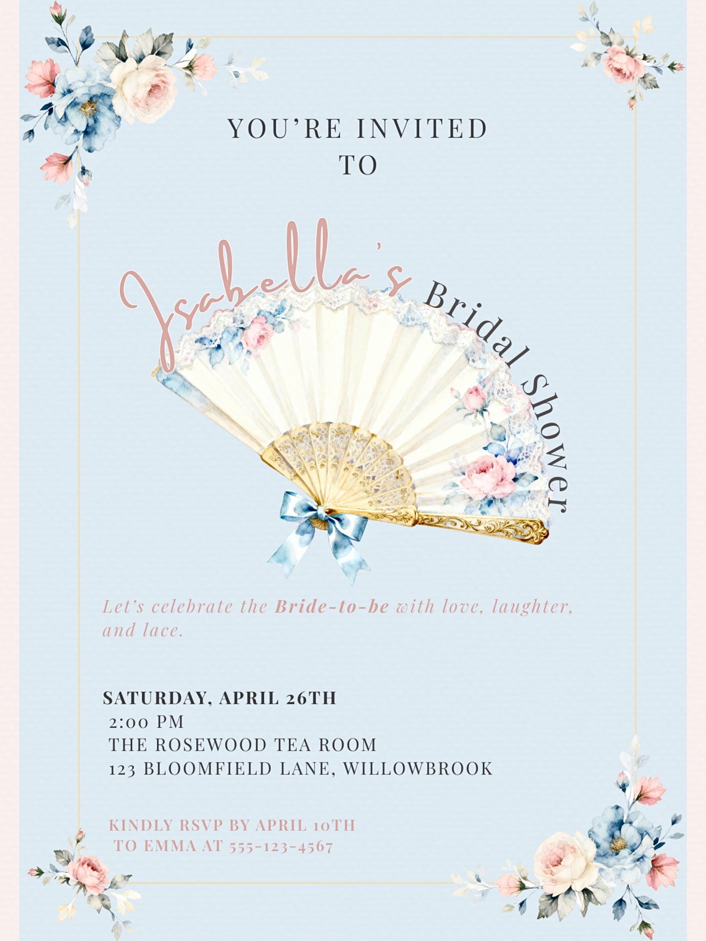 Rococo Bridal Shower Invitation-Wedding Luncheon, Bachelorette Hen Party Evite (Instant Download Editable Canva Template) Floral Invite