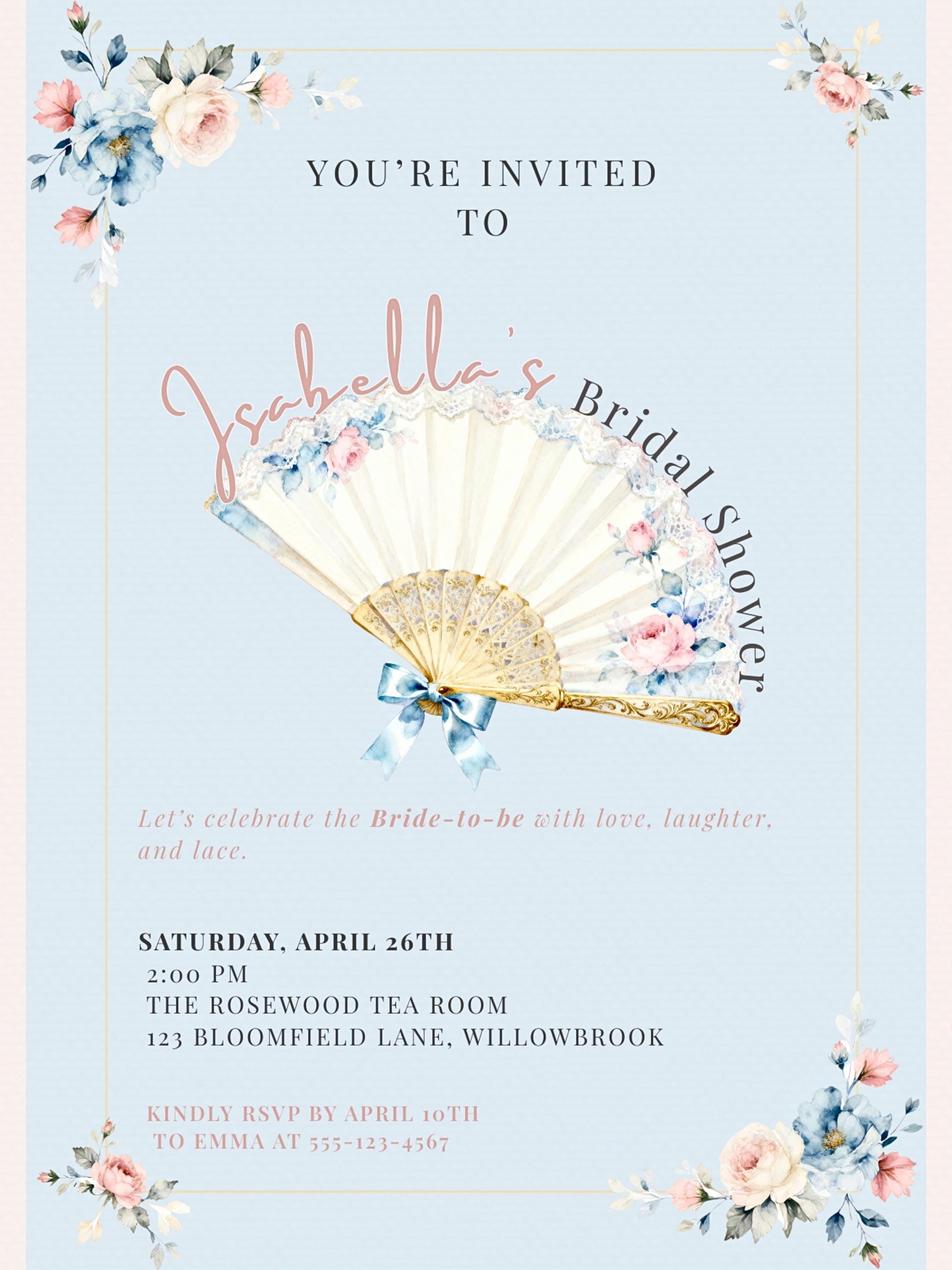Rococo Bridal Shower Invitation-Wedding Luncheon, Bachelorette Hen Party Evite (Instant Download Editable Canva Template) Floral Invite