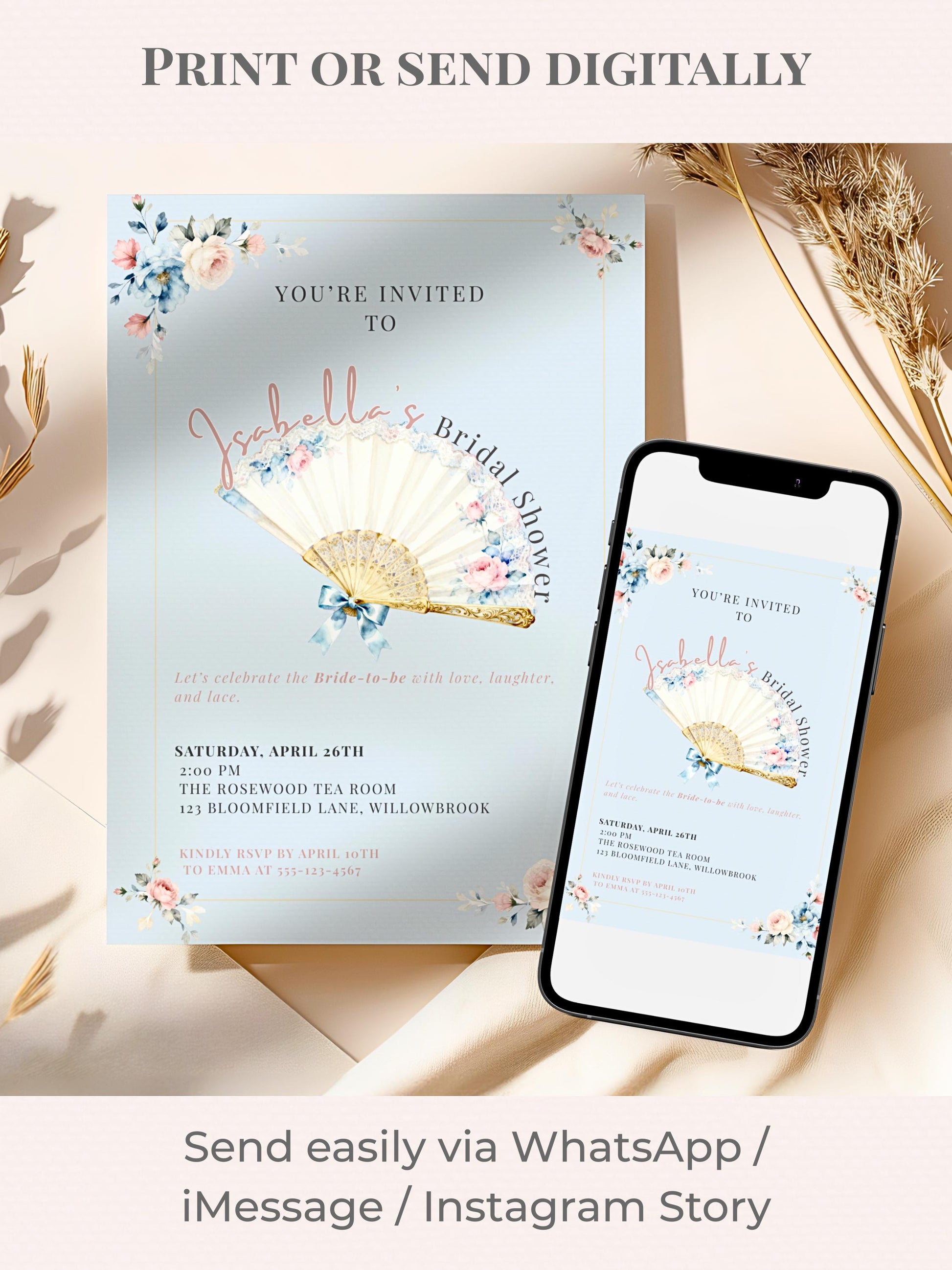 Rococo Bridal Shower Invitation-Wedding Luncheon, Bachelorette Hen Party Evite (Instant Download Editable Canva Template) Floral Invite