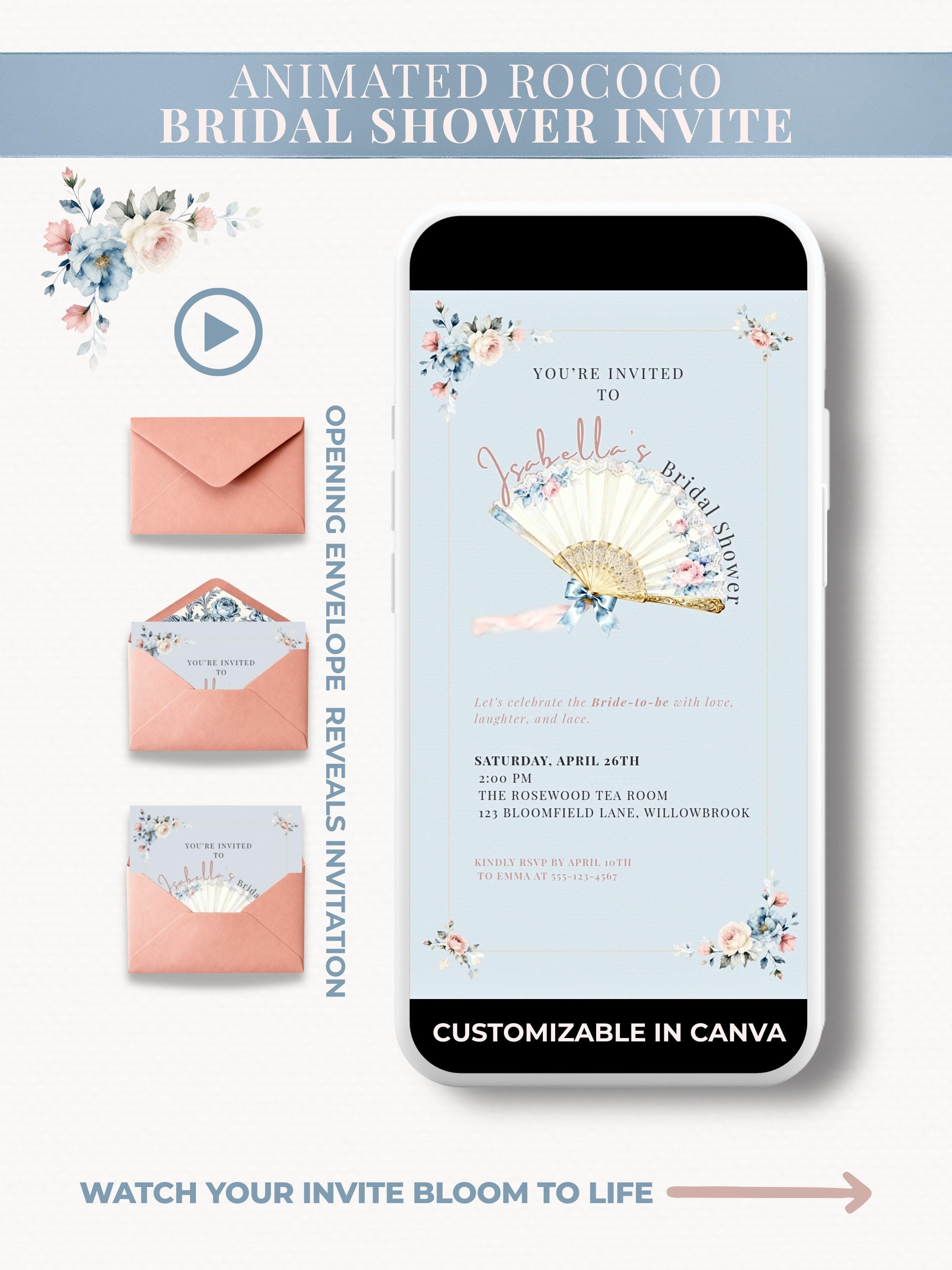 Mockup of an animated Rococo bridal shower invitation displayed on a smartphone. The digital invite features a pastel blue background, vintage lace fan with floral accents, and customizable text in Canva. On the left, peach envelopes show the animation of the invite opening. Text reads 'Animated Rococo Bridal Shower Invite – Opening Envelope Reveals Invitation – Watch Your Invite Bloom to Life