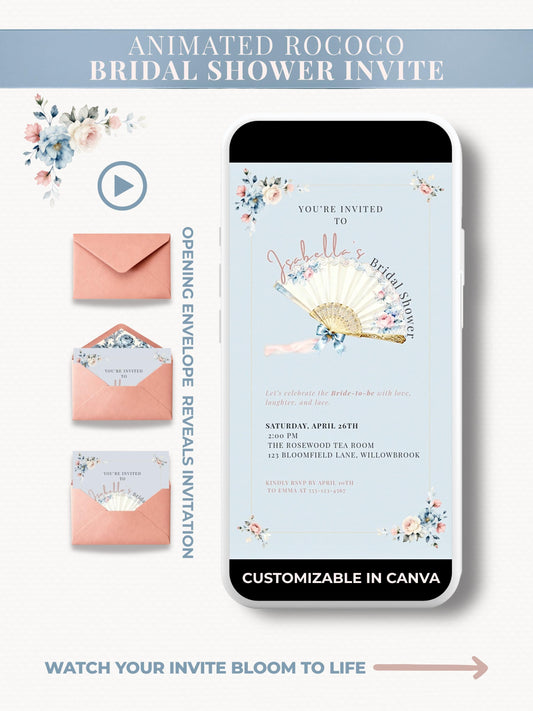 Mockup of an animated Rococo bridal shower invitation displayed on a smartphone. The digital invite features a pastel blue background, vintage lace fan with floral accents, and customizable text in Canva. On the left, peach envelopes show the animation of the invite opening. Text reads &#39;Animated Rococo Bridal Shower Invite – Opening Envelope Reveals Invitation – Watch Your Invite Bloom to Life