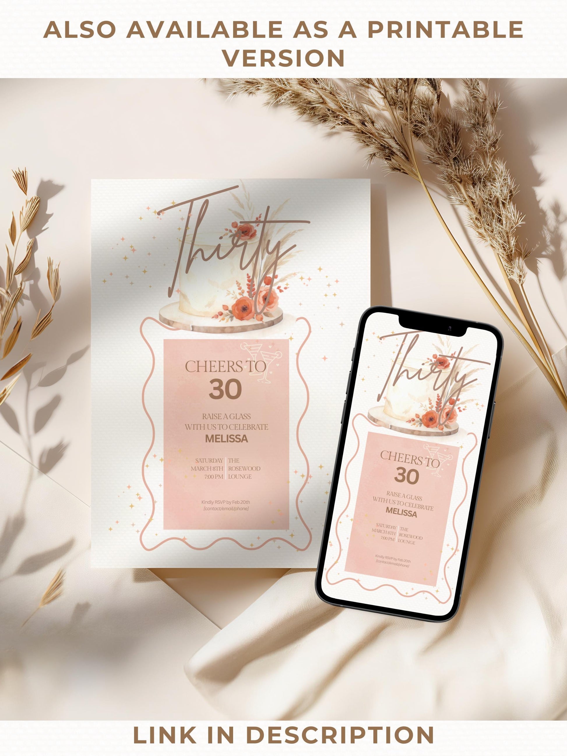 30th Birthday Invitation Animated Digital Evite with Clinking Glass Animation and Envelope Reveal, Peach Pink Editable Canva Video Template