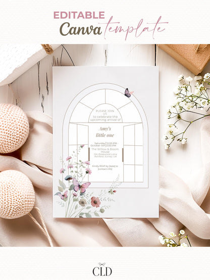 Elegant Butterfly Baby Shower Invitation Template ·Editable Arch Window Design with Florals· Neutral Minimal Baby Girl or Boy Shower Invite