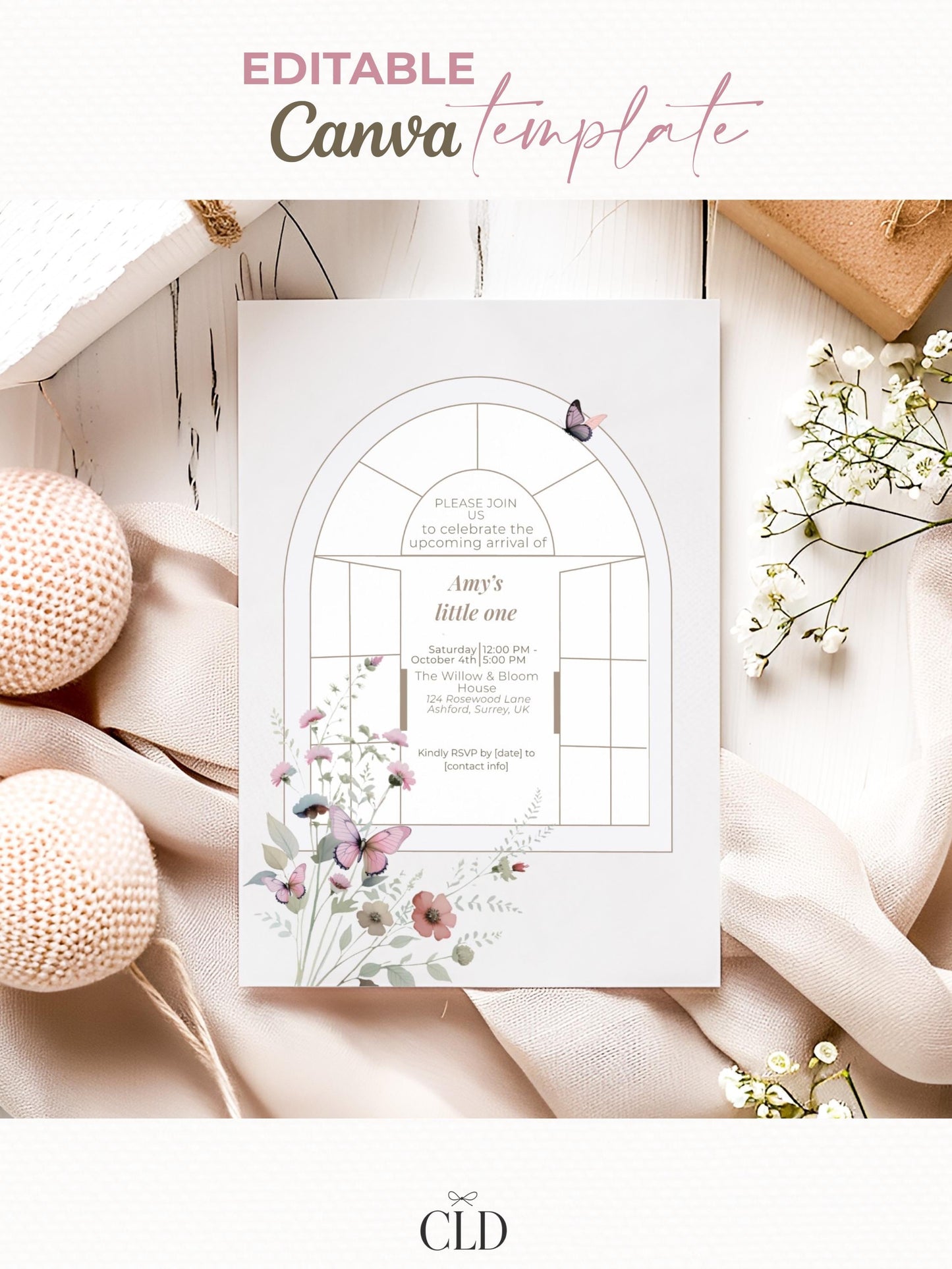 Elegant Butterfly Baby Shower Invitation Template ·Editable Arch Window Design with Florals· Neutral Minimal Baby Girl or Boy Shower Invite