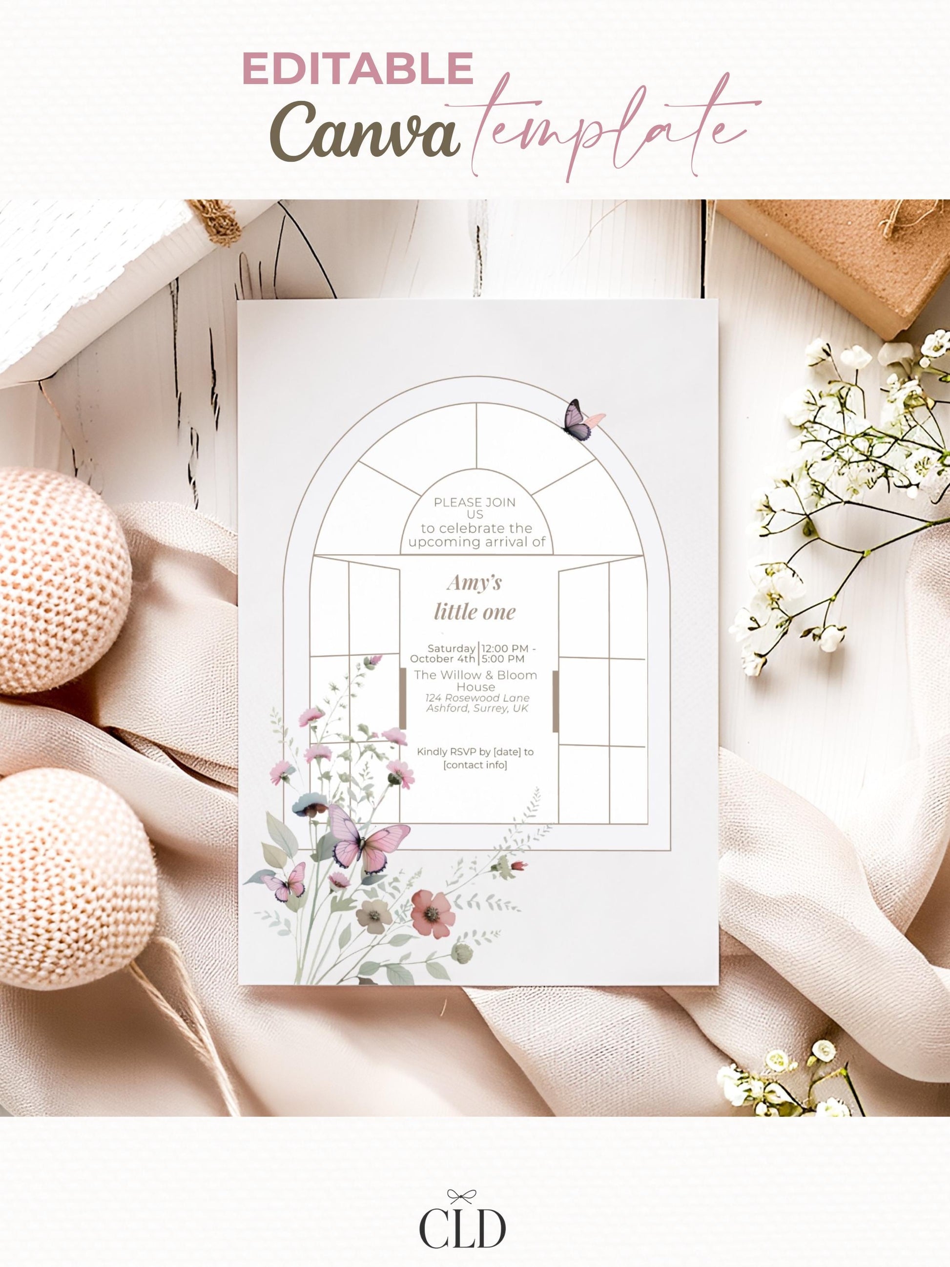 Elegant Butterfly Baby Shower Invitation Template ·Editable Arch Window Design with Florals· Neutral Minimal Baby Girl or Boy Shower Invite