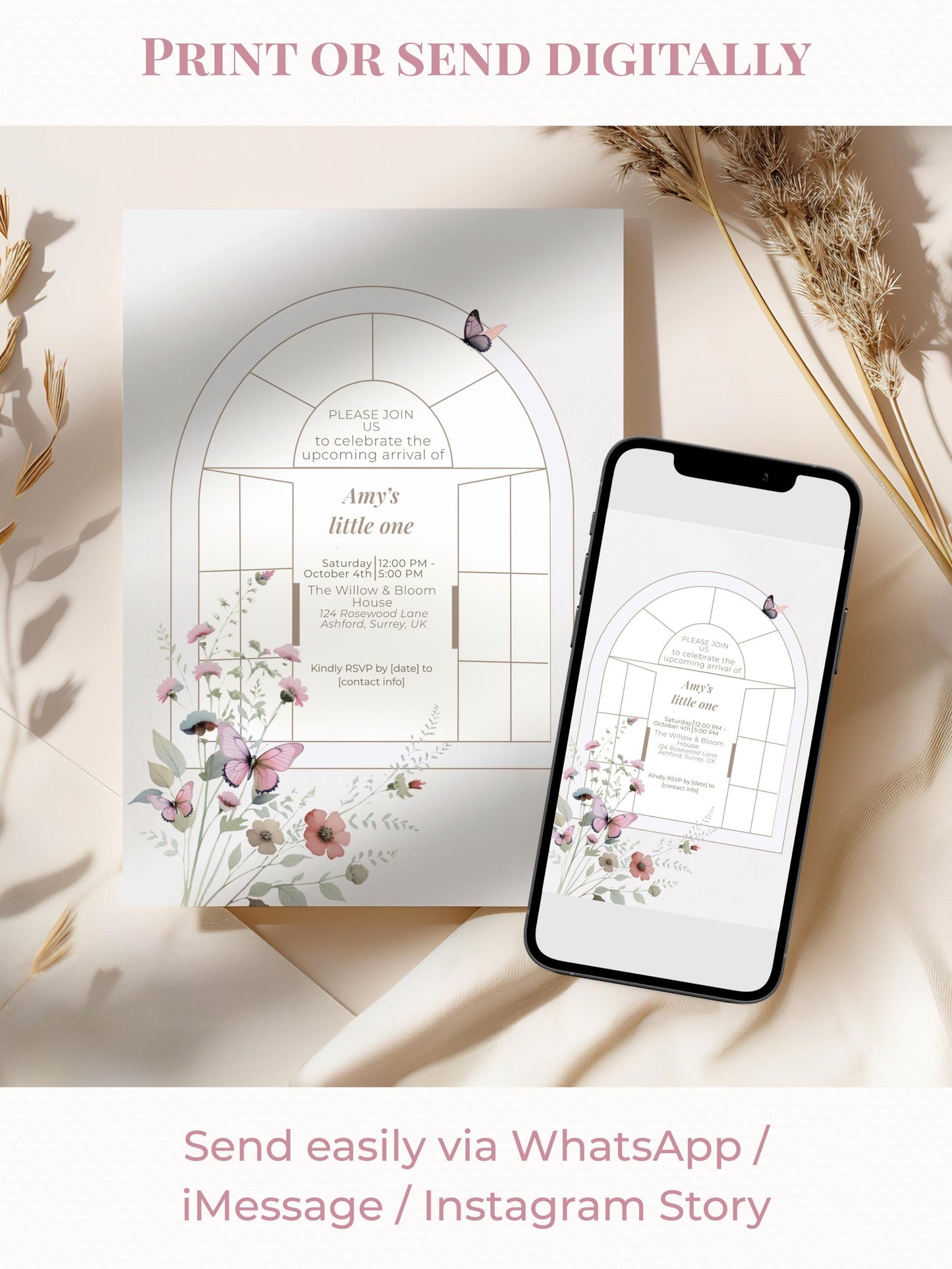 Elegant Butterfly Baby Shower Invitation Template ·Editable Arch Window Design with Florals· Neutral Minimal Baby Girl or Boy Shower Invite