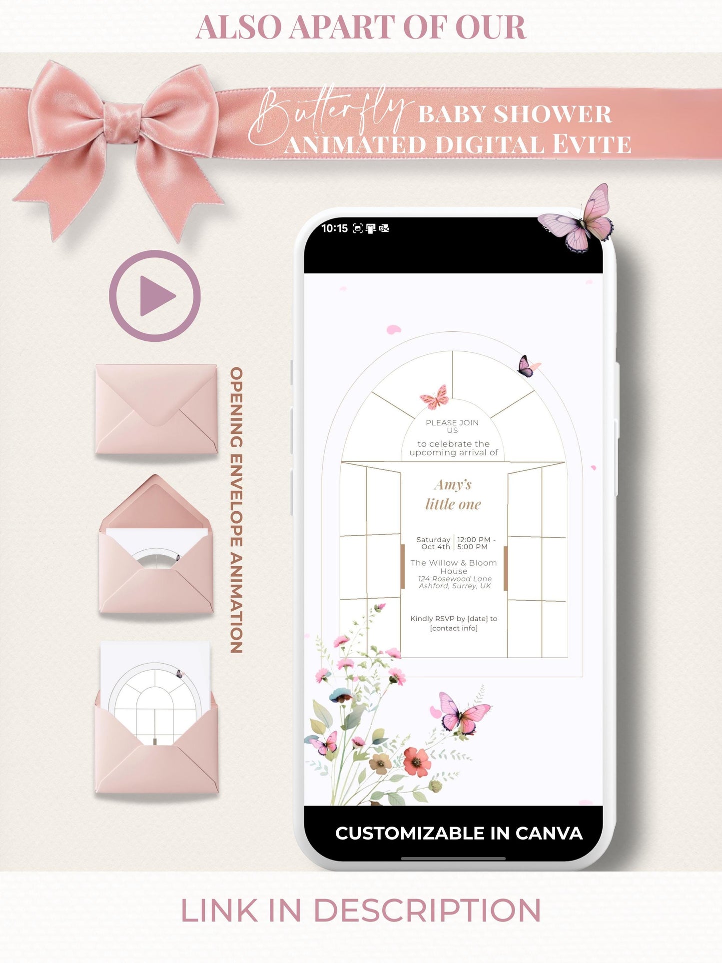 Elegant Butterfly Baby Shower Invitation Template ·Editable Arch Window Design with Florals· Neutral Minimal Baby Girl or Boy Shower Invite