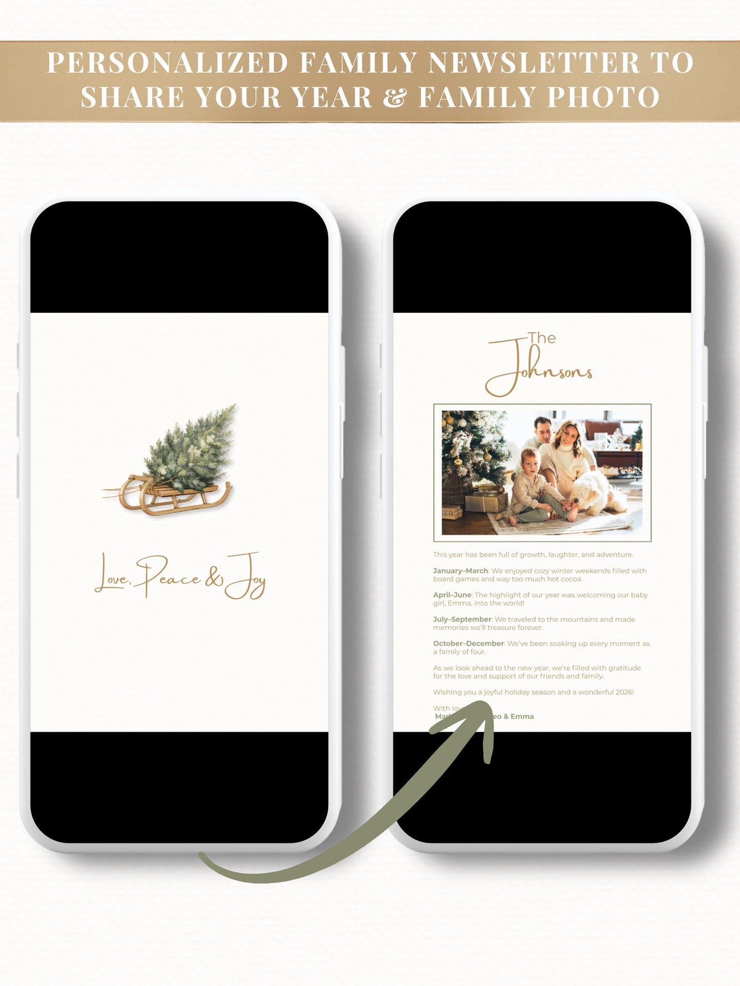 Animated Christmas Card - Digital Family Newsletter with Music (Instant Download Customizable Canva Template) Sled and Tree Holiday Evite