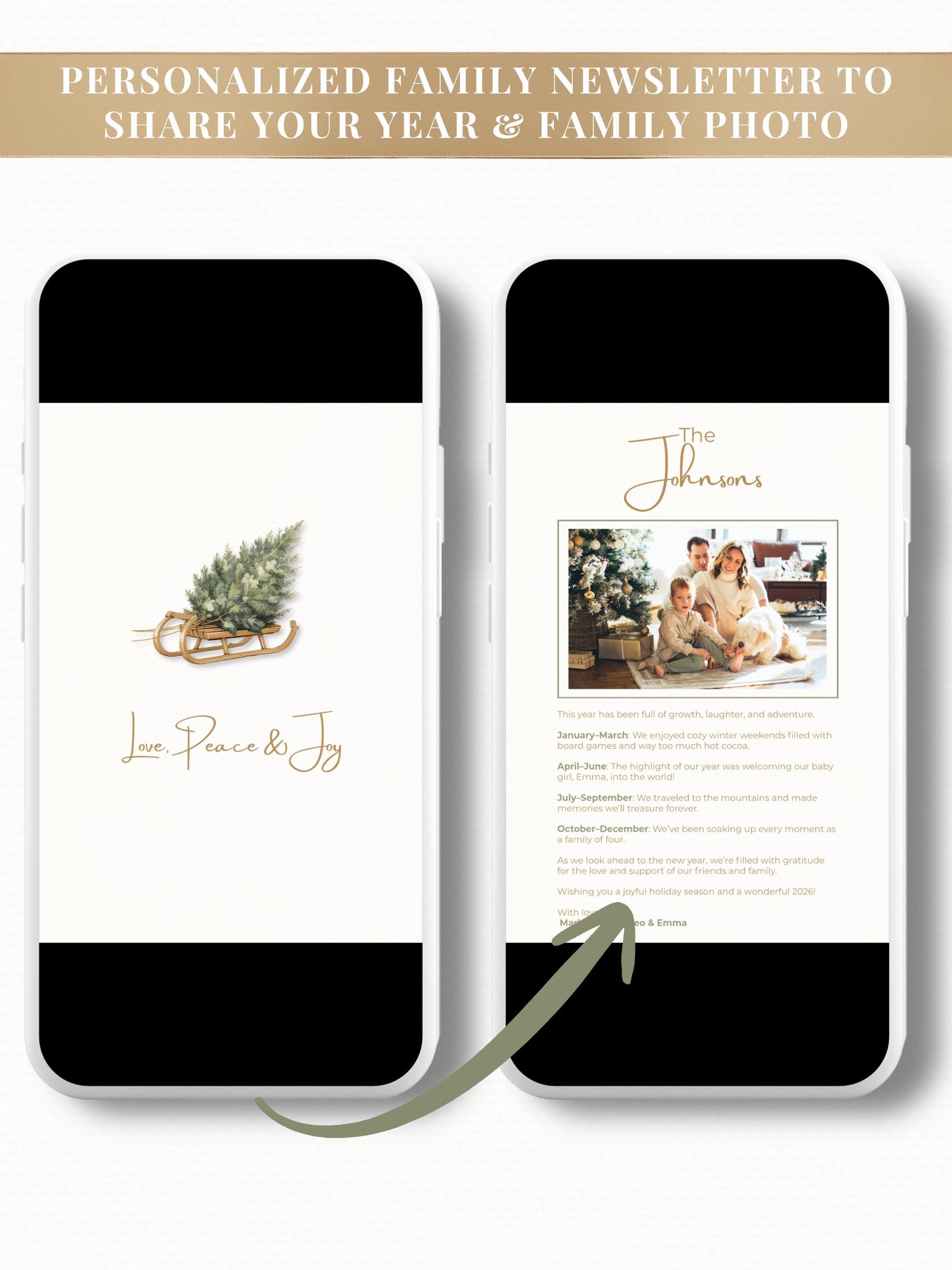 Animated Christmas Card - Digital Family Newsletter with Music (Instant Download Customizable Canva Template) Sled and Tree Holiday Evite