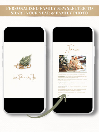 Animated Christmas Card - Digital Family Newsletter with Music (Instant Download Customizable Canva Template) Sled and Tree Holiday Evite