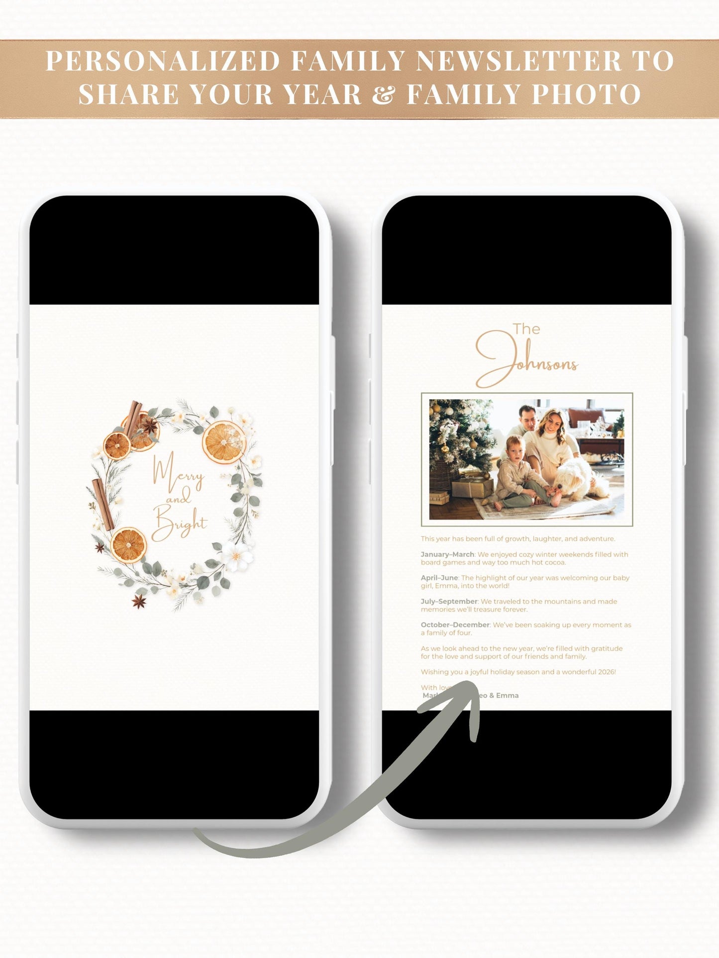 Animated Christmas Card - Digital Family Newsletter with Music (Instant Download Customizable Canva Template) Orange Wreath Holiday Evite