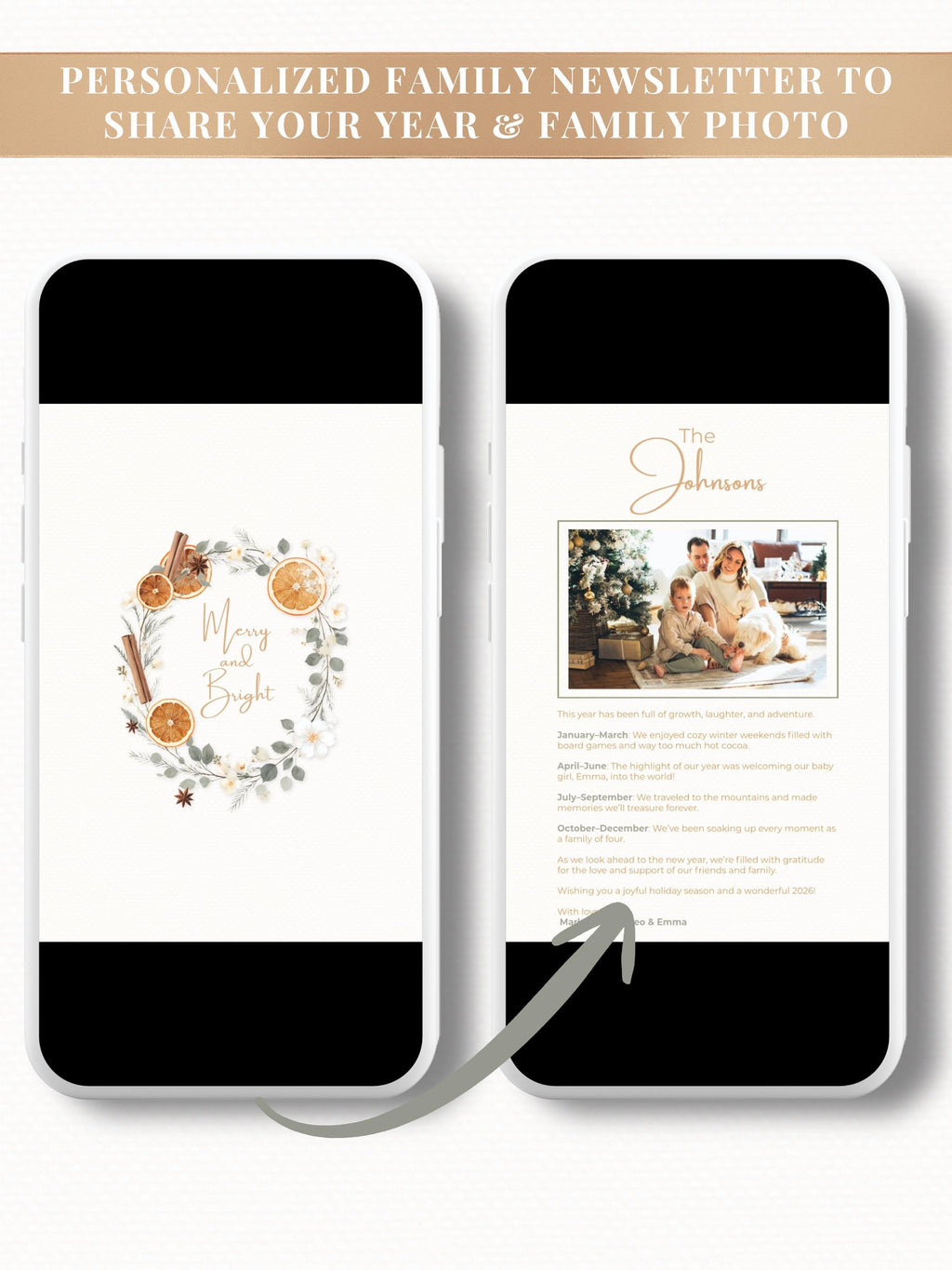 Animated Christmas Card - Digital Family Newsletter with Music (Instant Download Customizable Canva Template) Orange Wreath Holiday Evite