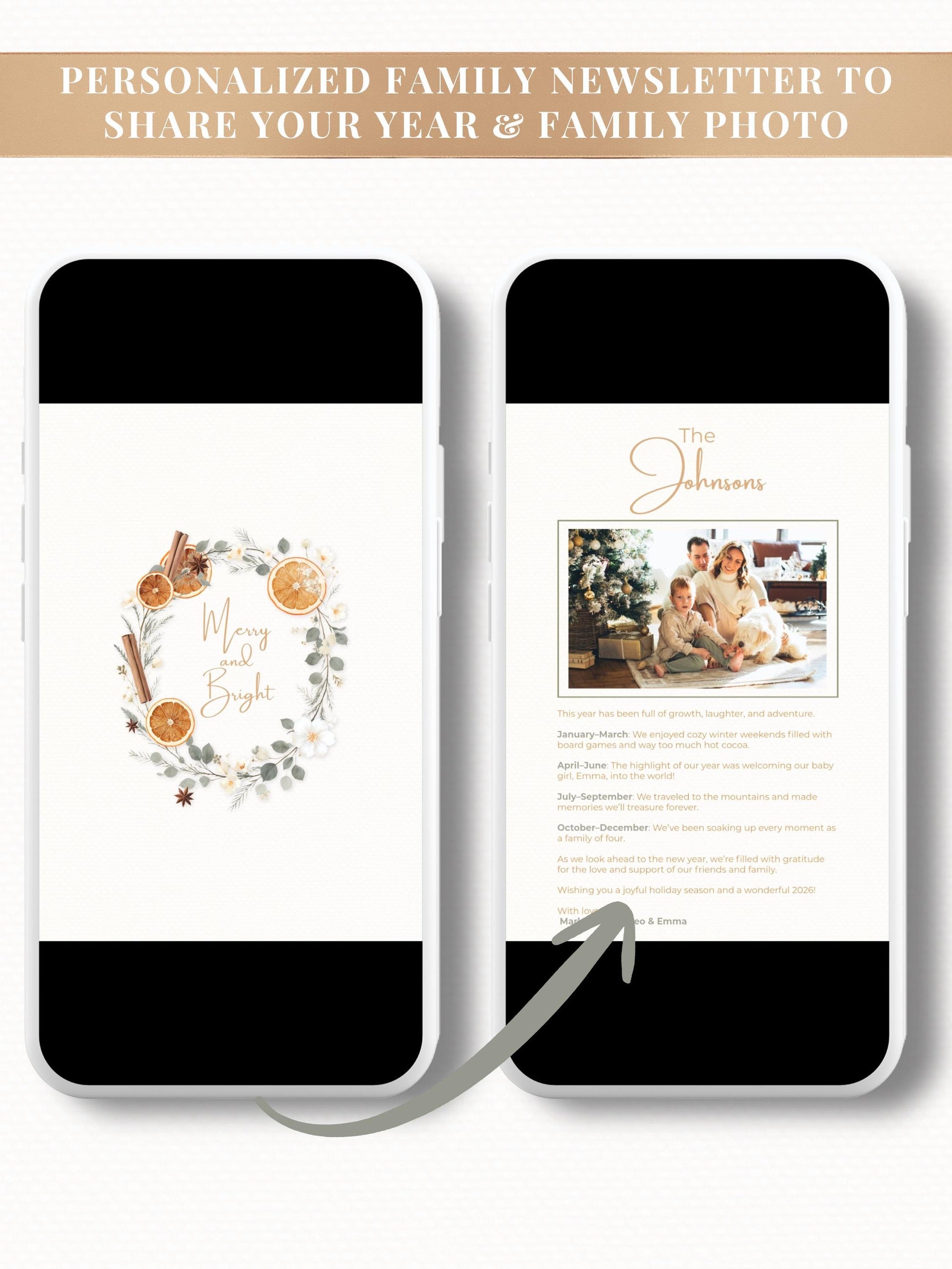 Animated Christmas Card - Digital Family Newsletter with Music (Instant Download Customizable Canva Template) Orange Wreath Holiday Evite