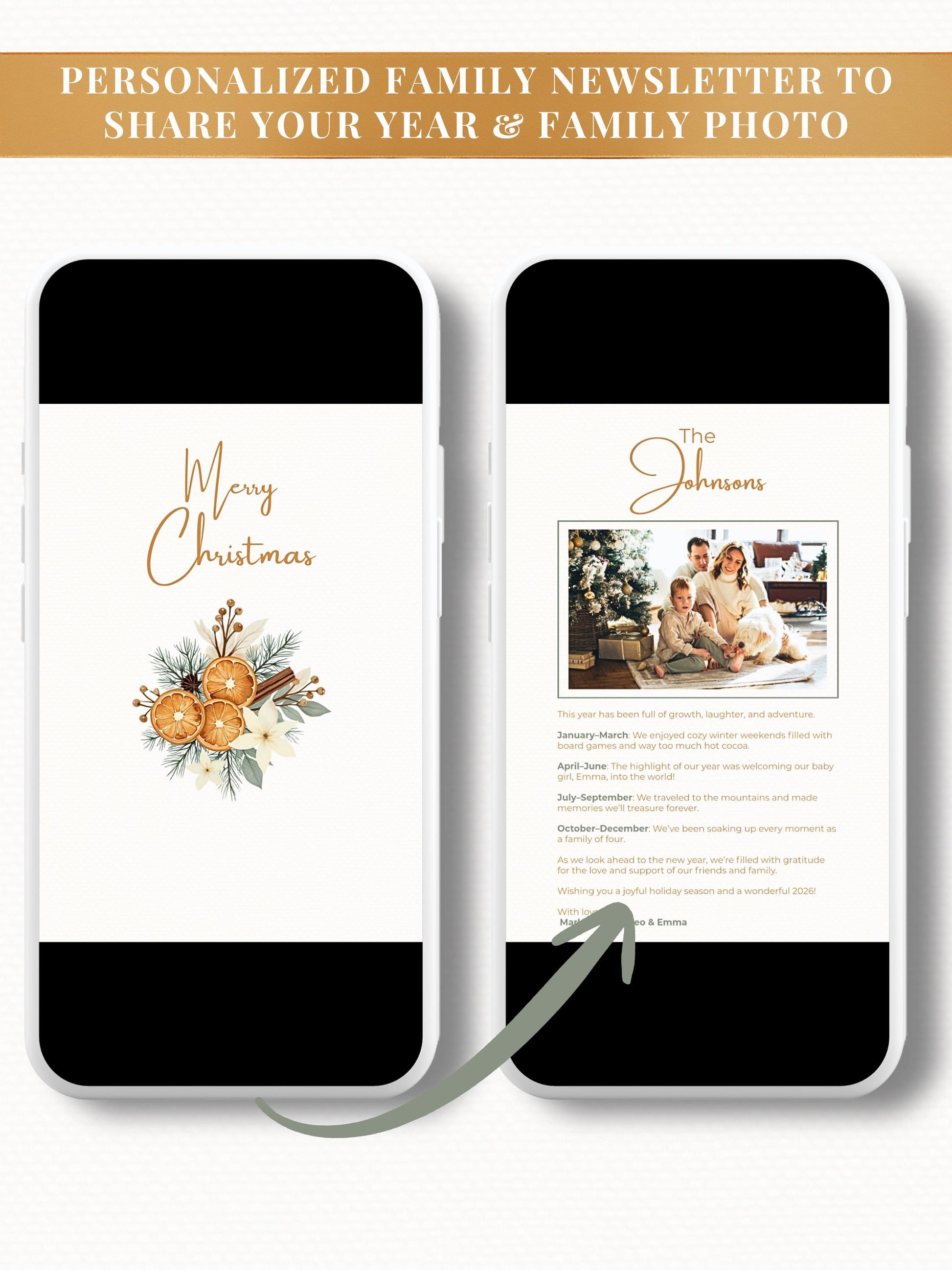 Merry Christmas Animated Digital Card with Family Newsletter (Customizable Canva Template) Musical Holiday Evite for WhatsApp & Messaging