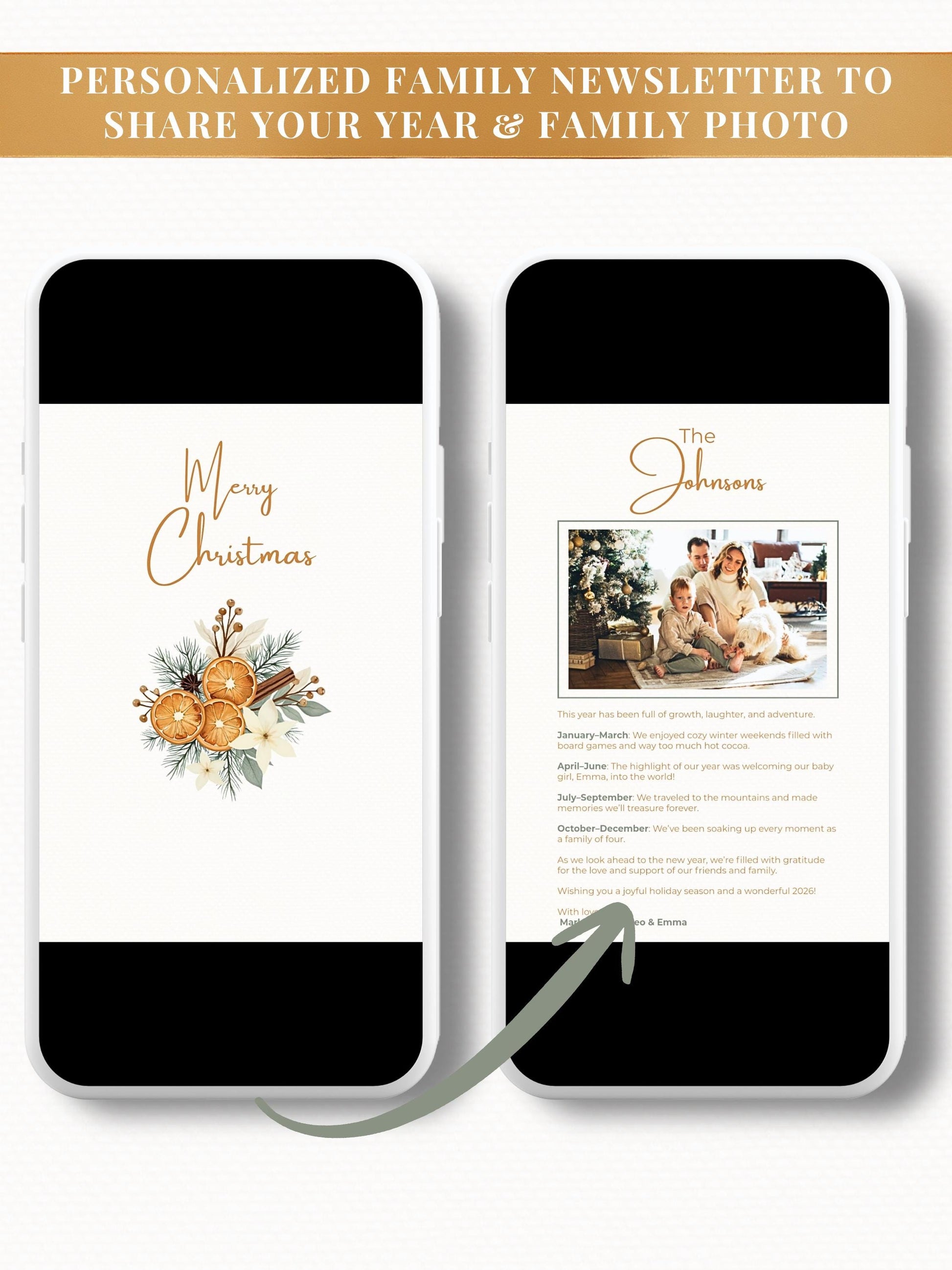Merry Christmas Animated Digital Card with Family Newsletter (Customizable Canva Template) Musical Holiday Evite for WhatsApp & Messaging