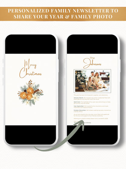Merry Christmas Animated Digital Card with Family Newsletter (Customizable Canva Template) Musical Holiday Evite for WhatsApp & Messaging
