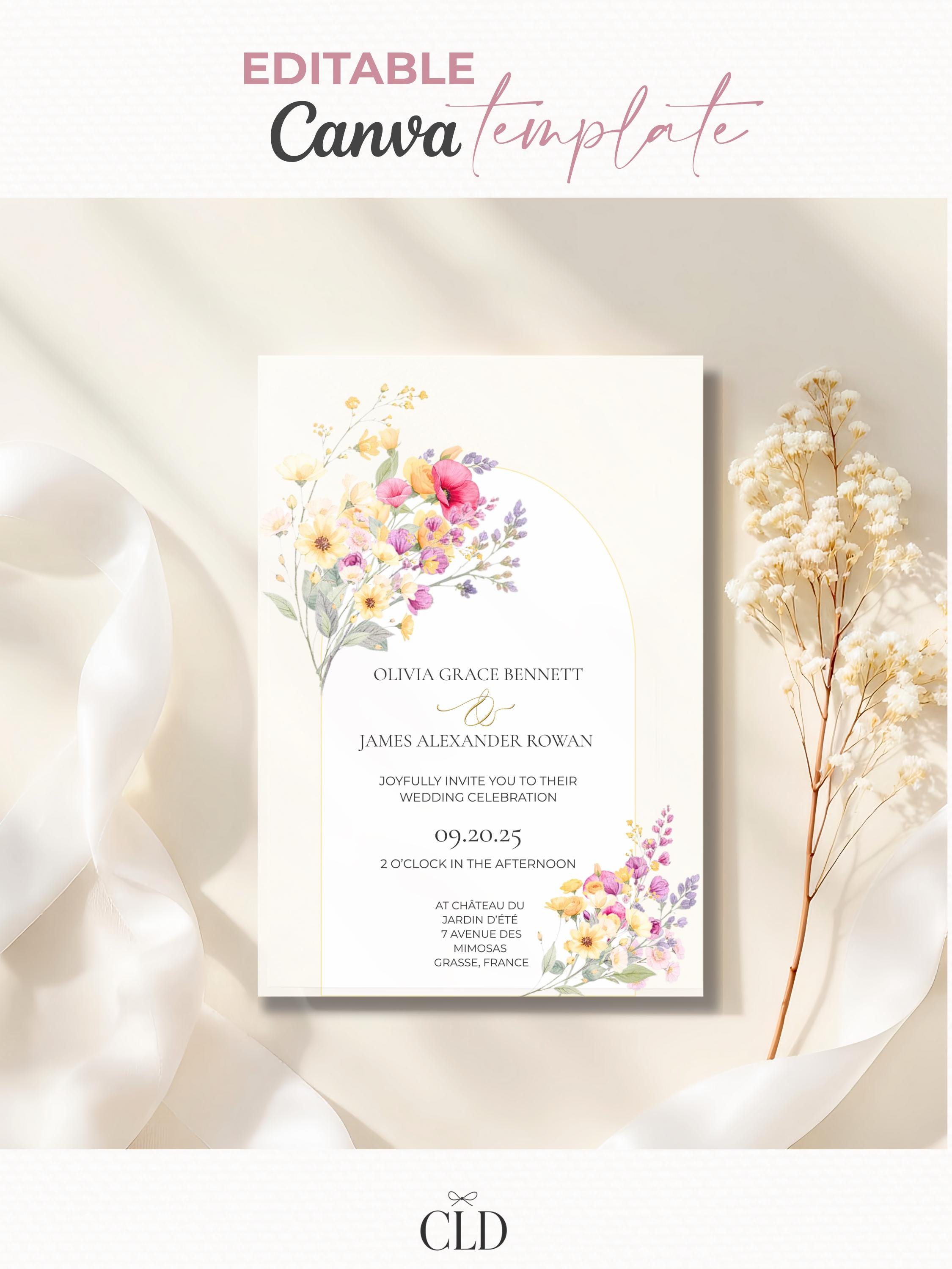 Digital Wedding Invitation Template Design Floral Watercolor Garden Wedding Ceremony Template Editable Canva Custom Invitation Romantic