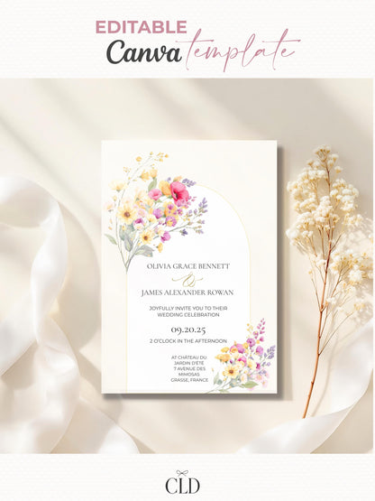 Digital Wedding Invitation Template Design Floral Watercolor Garden Wedding Ceremony Template Editable Canva Custom Invitation Romantic