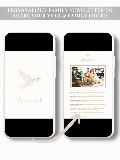 Peace on Earth Digital Christmas Card With Animated Gift Reveal & Family Newsletter - Dove Olive Branch Digital Holiday (Canva Template)
