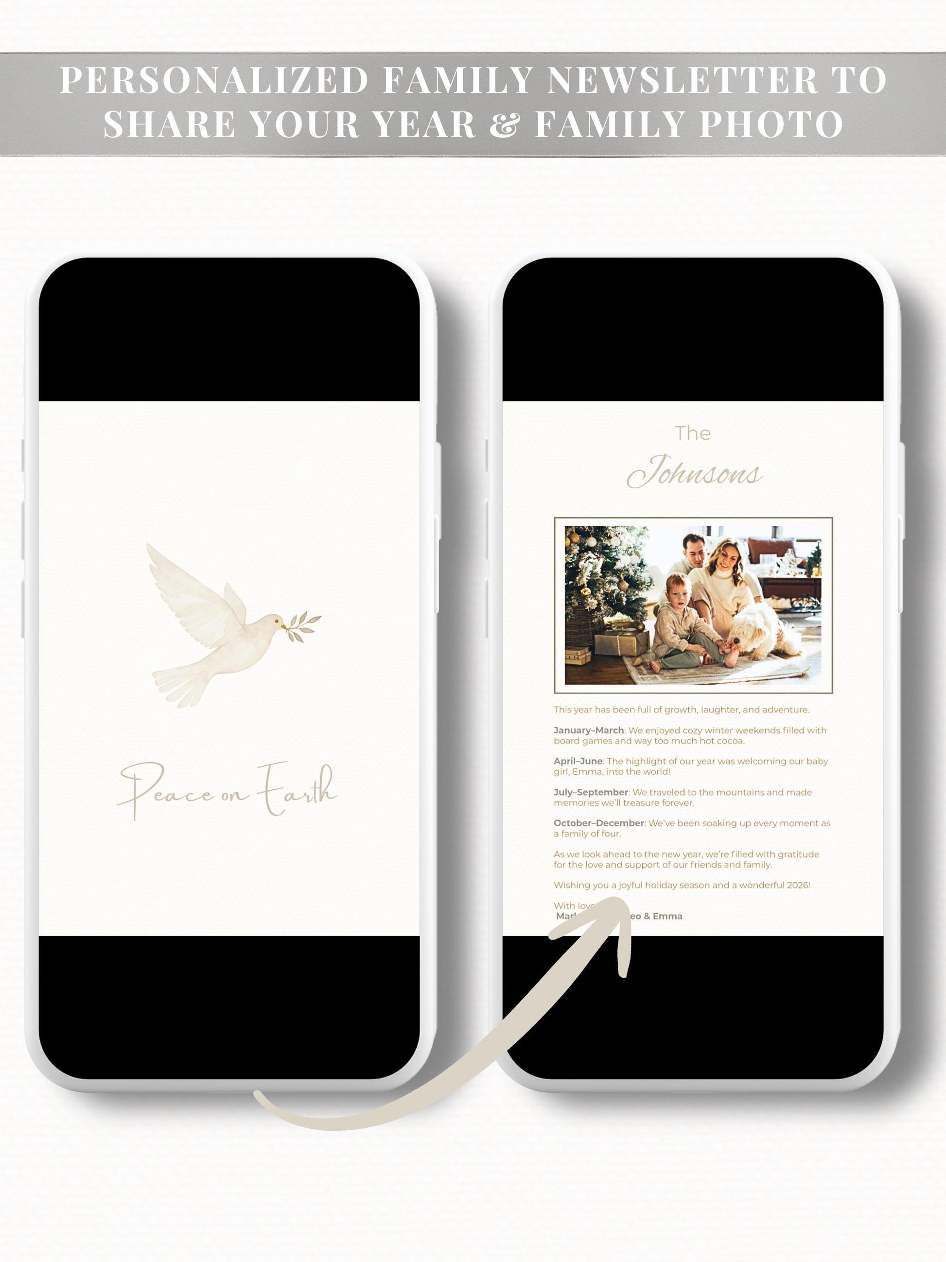 Peace on Earth Digital Christmas Card With Animated Gift Reveal & Family Newsletter - Dove Olive Branch Digital Holiday (Canva Template)