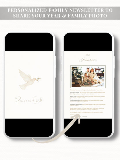 Peace on Earth Digital Christmas Card With Animated Gift Reveal & Family Newsletter - Dove Olive Branch Digital Holiday (Canva Template)