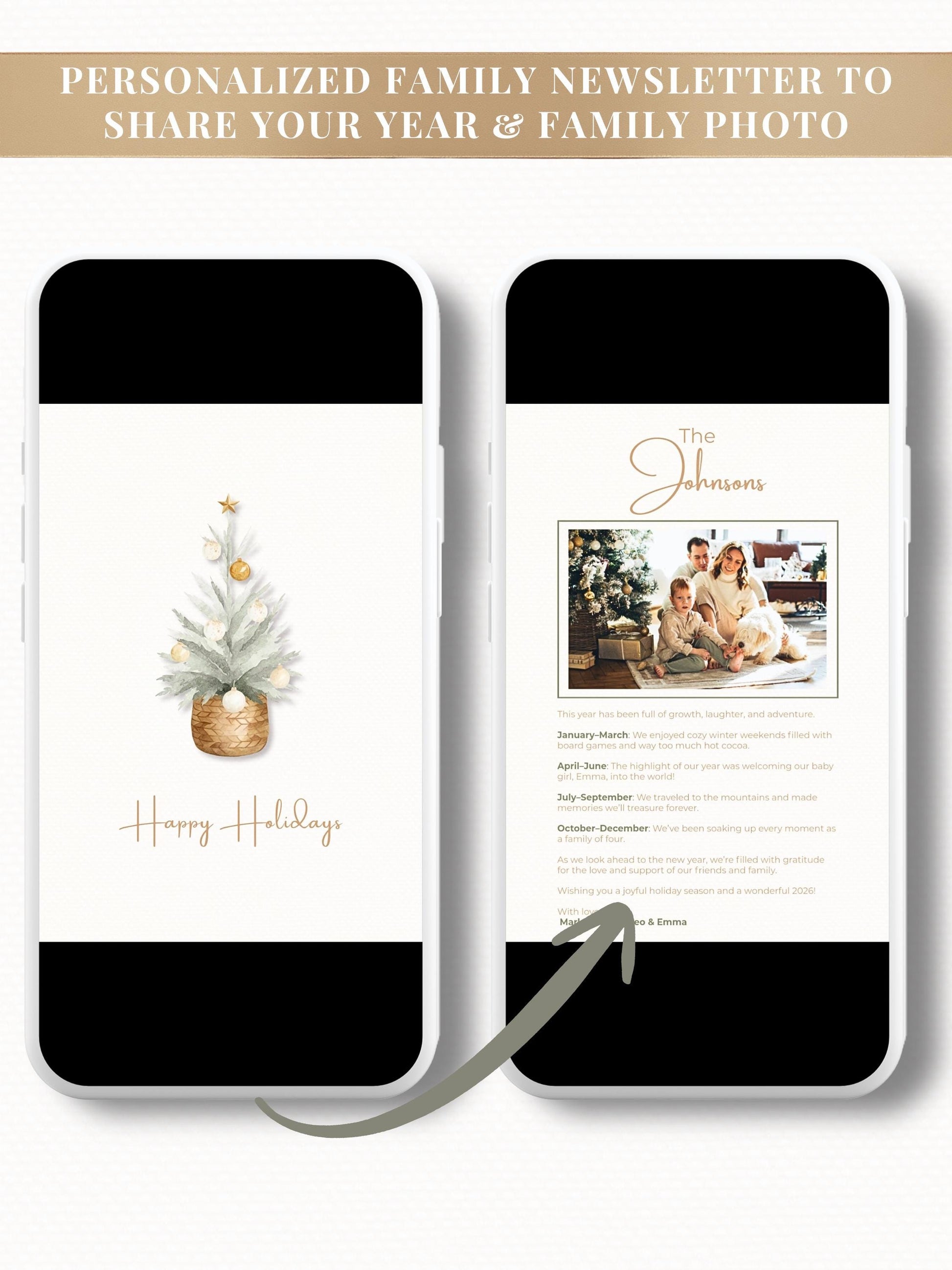 Animated Christmas Card with Family Newsletter (Customizable Canva Template) – Happy Holidays Tree Music Digital Evite for Messaging