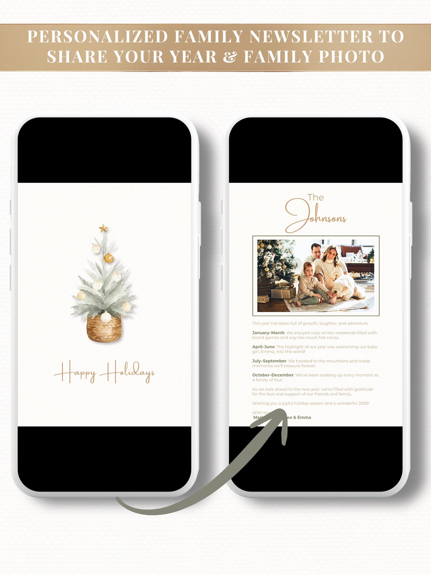 Animated Christmas Card with Family Newsletter (Customizable Canva Template) – Happy Holidays Tree Music Digital Evite for Messaging