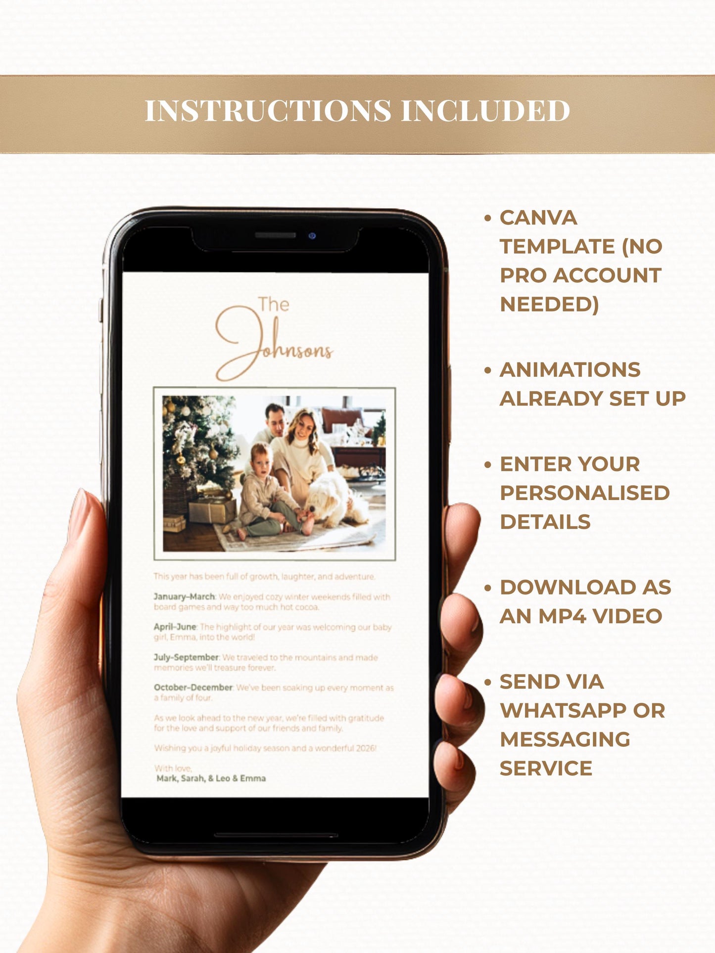 Animated Christmas Card with Family Newsletter (Customizable Canva Template) – Happy Holidays Tree Music Digital Evite for Messaging