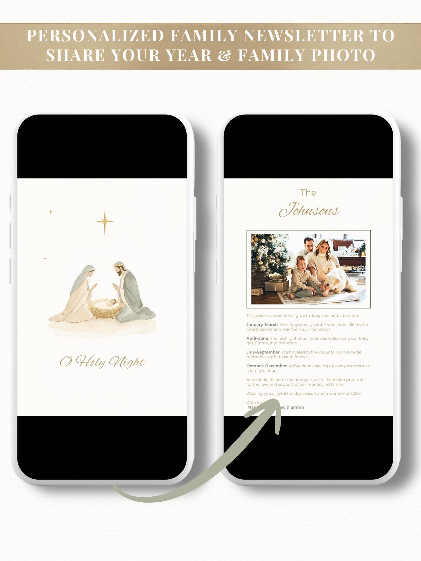 Nativity Scene Animated Christmas Card with Newsletter + Photo (Instant Download Canva Template) - Plays Music O Holy Night Holiday Greeting