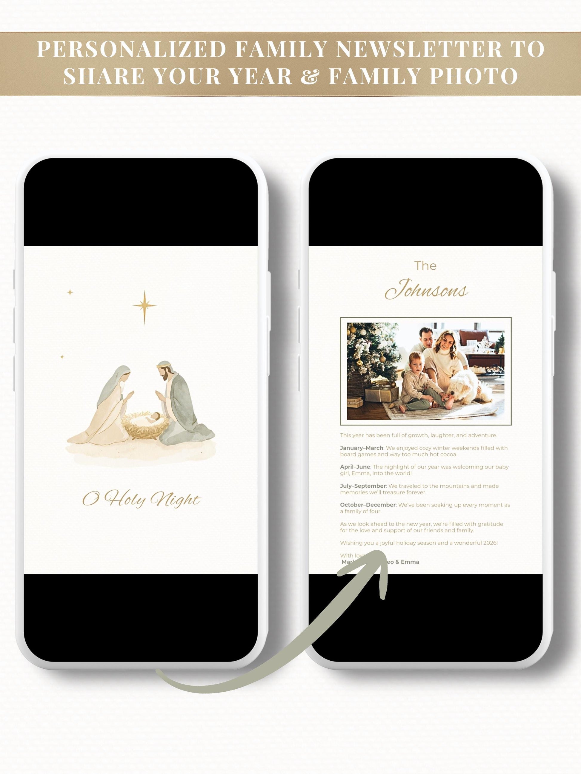 Nativity Scene Animated Christmas Card with Newsletter + Photo (Instant Download Canva Template) - Plays Music O Holy Night Holiday Greeting