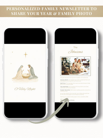 Nativity Scene Animated Christmas Card with Newsletter + Photo (Instant Download Canva Template) - Plays Music O Holy Night Holiday Greeting
