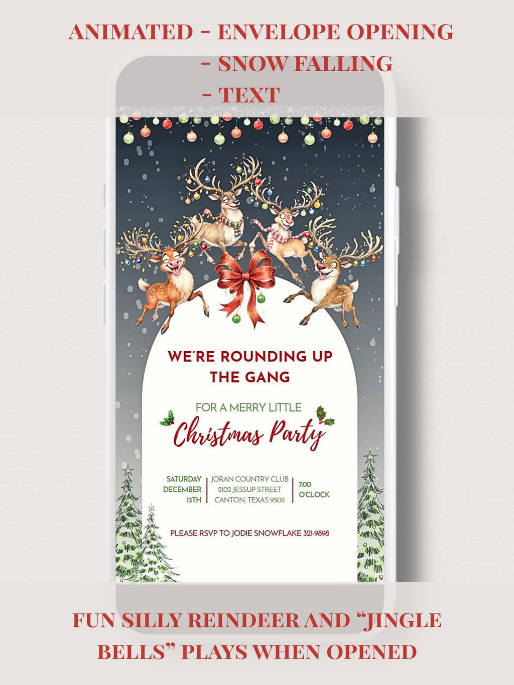 Animated Christmas Evite - Fun Reindeer Holiday Party Digital Invitation with Envelope Opening Festive Music Instant Download Canva Template