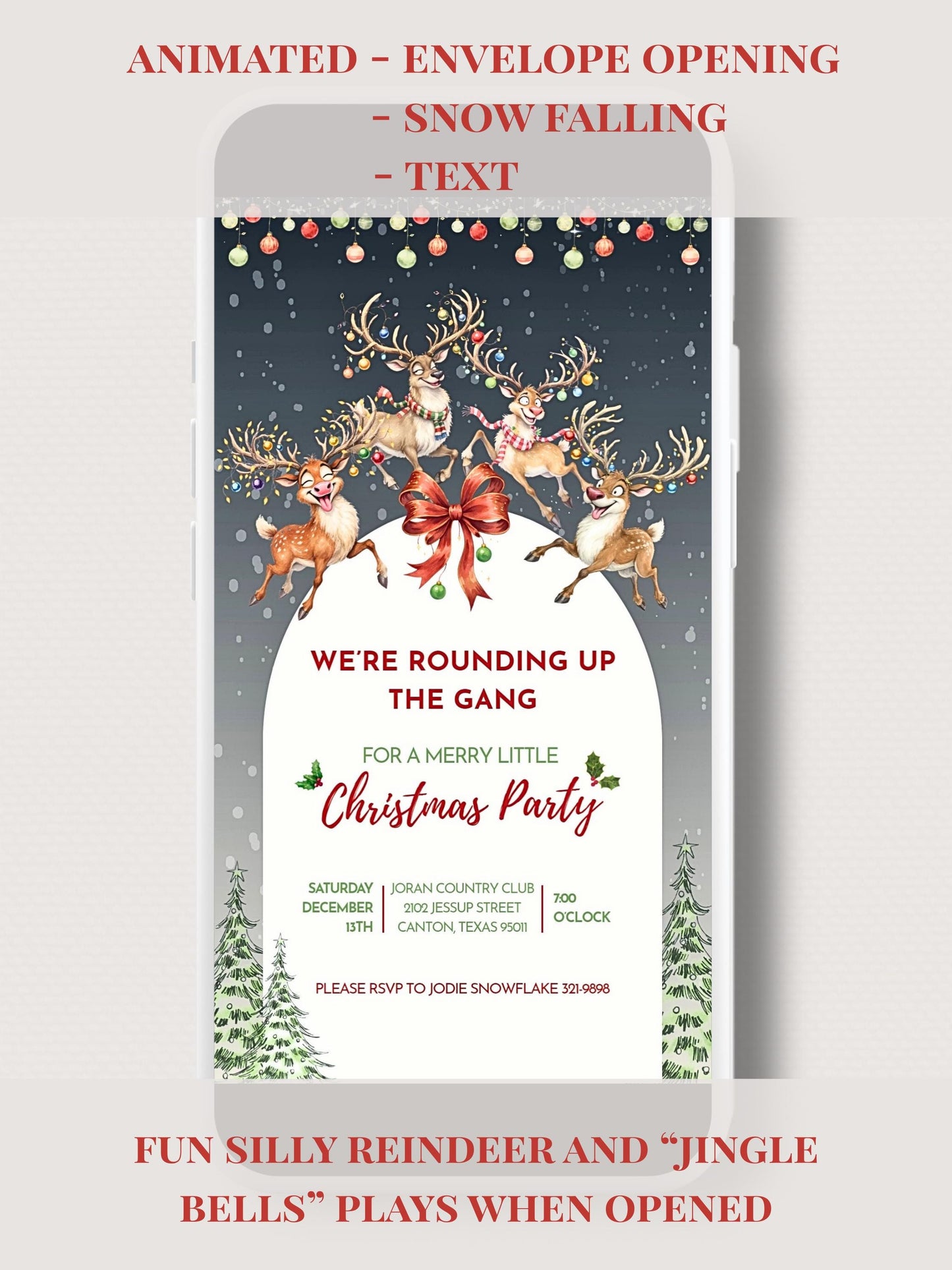 Animated Christmas Evite - Fun Reindeer Holiday Party Digital Invitation with Envelope Opening Festive Music Instant Download Canva Template