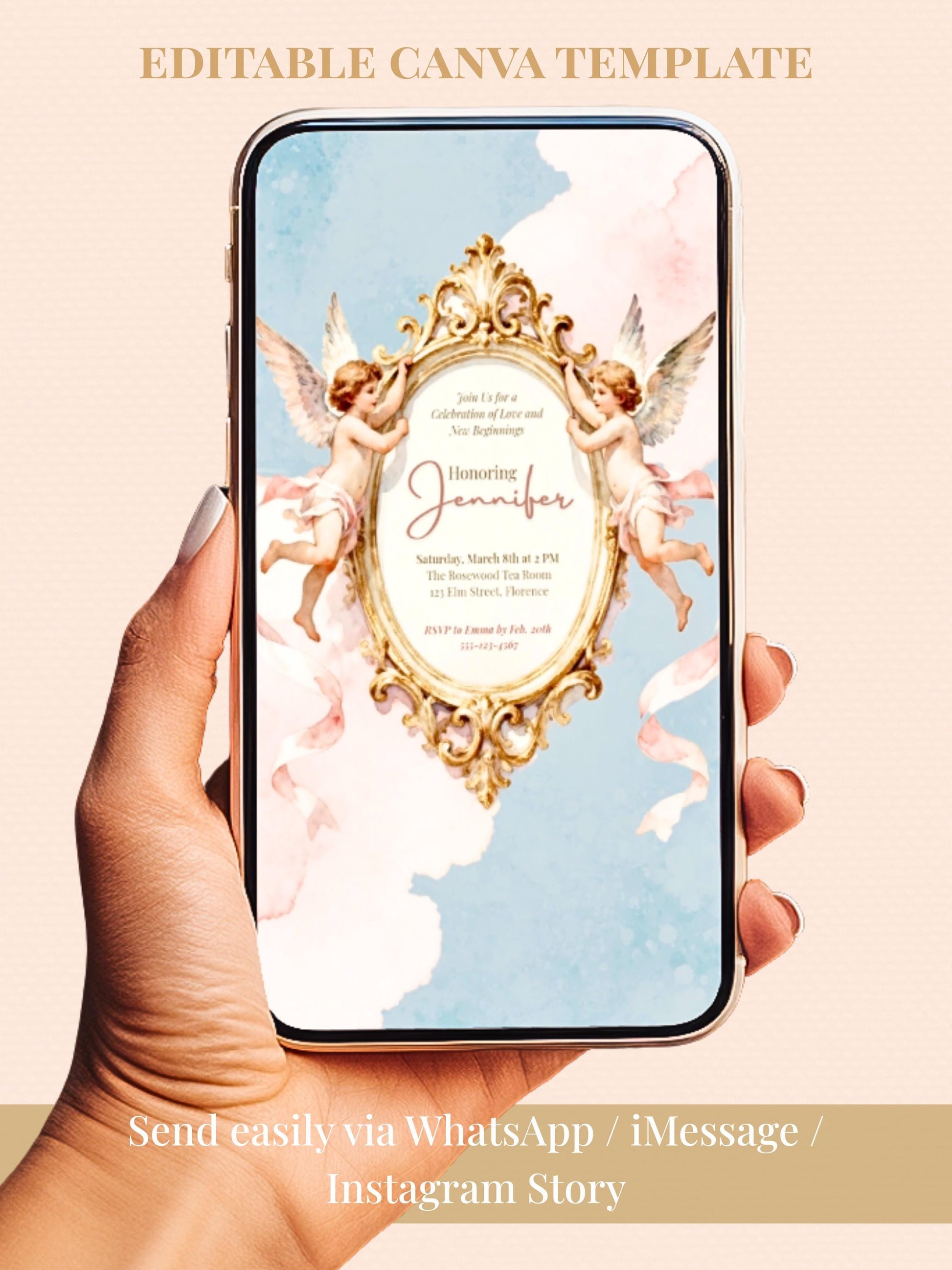 Animated Rococo Cherub Baby Shower Invitation-Regencycore Digital Evite (Instant Download Editable Canva Template) Nesting Party Invite