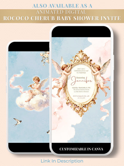 Rococo Cherub Baby Shower Invitation - Regencycore Printable Invite (Instant Download Editable Canva Template) Nesting Party Digital Evite
