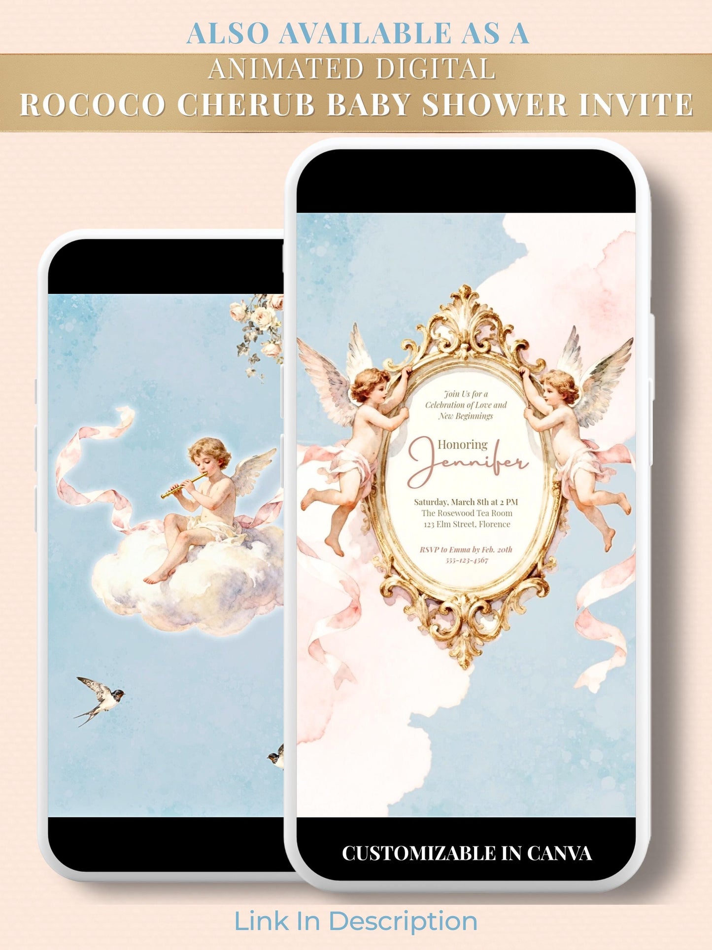 Rococo Cherub Baby Shower Invitation - Regencycore Printable Invite (Instant Download Editable Canva Template) Nesting Party Digital Evite