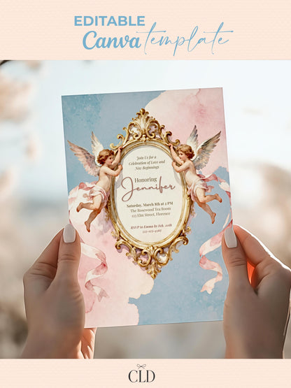 Rococo Cherub Baby Shower Invitation - Regencycore Printable Invite (Instant Download Editable Canva Template) Nesting Party Digital Evite
