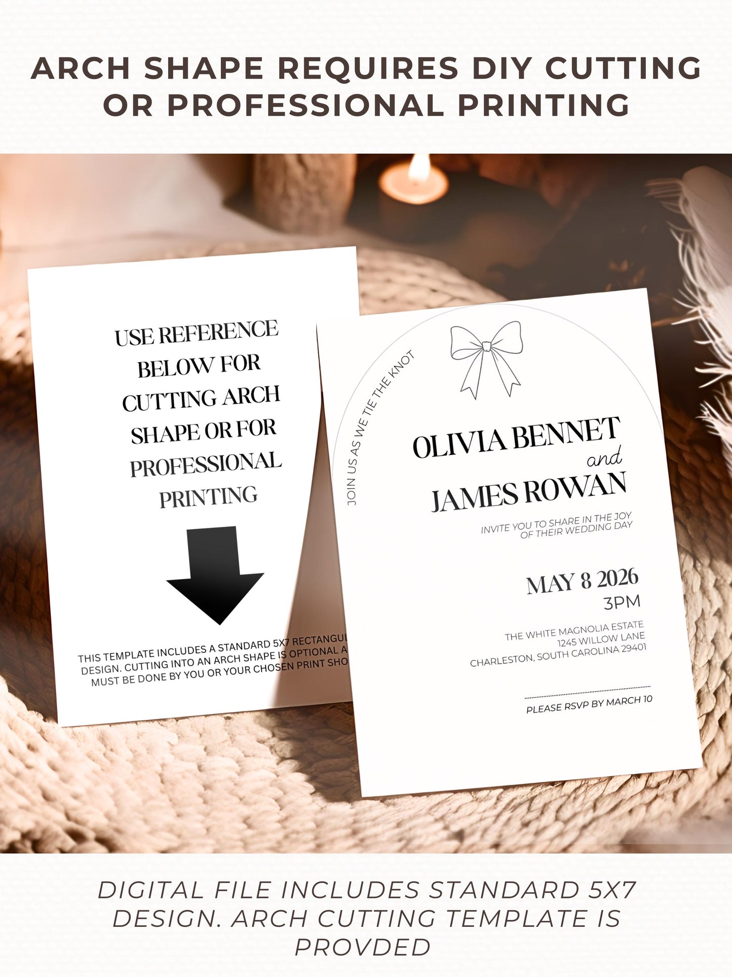 Modern Arch Wedding Invitation (Instant Download Editable Canva Template), Printable Digital Invite, Minimalist Elegant Bow Design