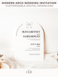 Modern arch wedding invitation template with a minimalist bow design, customizable in Canva. Digital download displayed on soft neutral fabric background, perfect for DIY weddings or professional printing