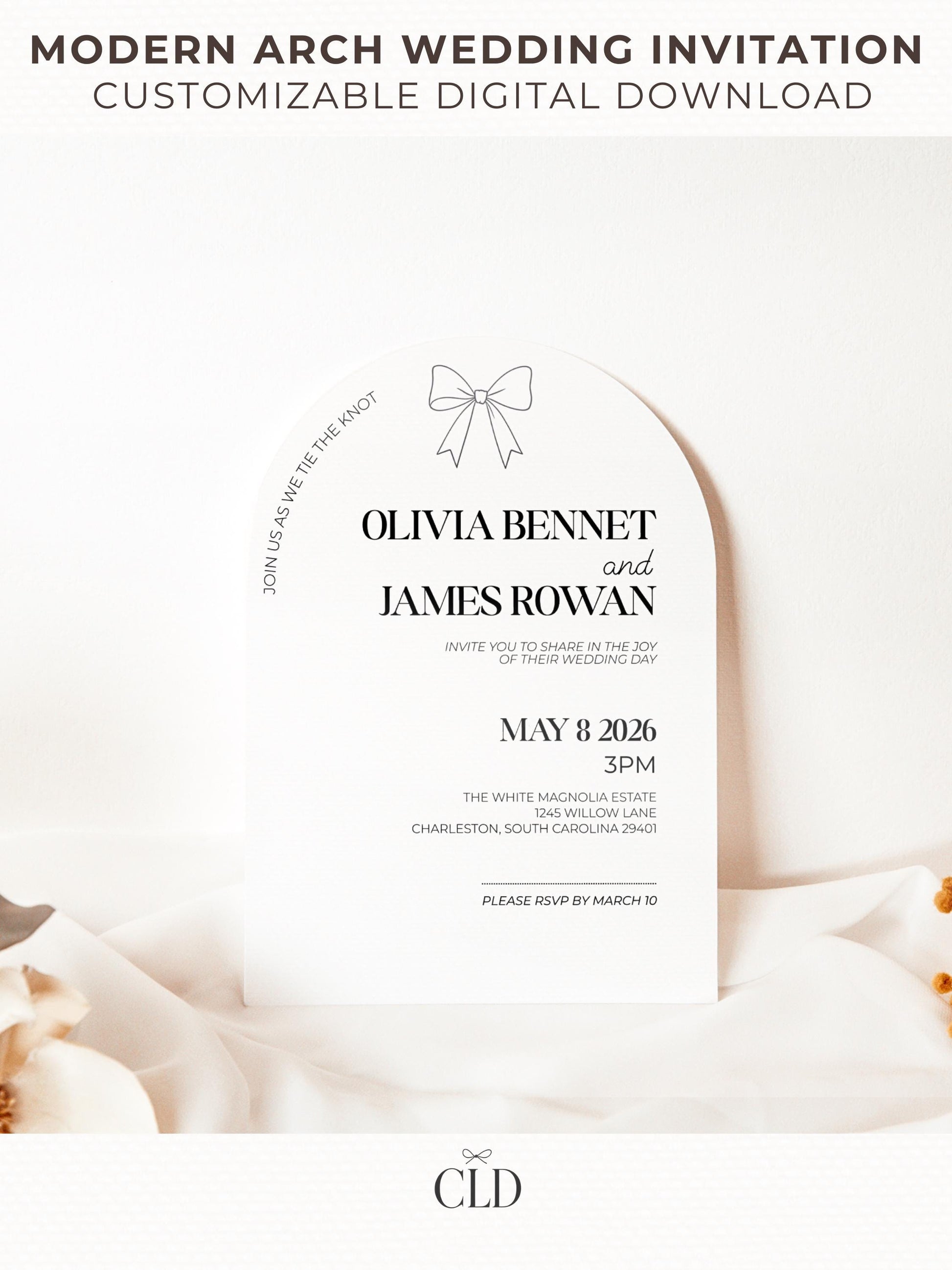 Modern arch wedding invitation template with a minimalist bow design, customizable in Canva. Digital download displayed on soft neutral fabric background, perfect for DIY weddings or professional printing